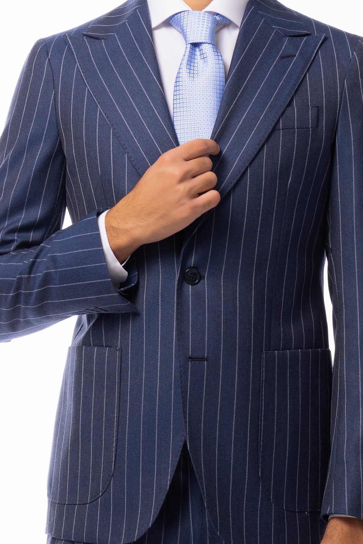 Giacca uomo monopetto blu gessata in lana Flanella Holland & Sherry slim fit rever a lancia largo