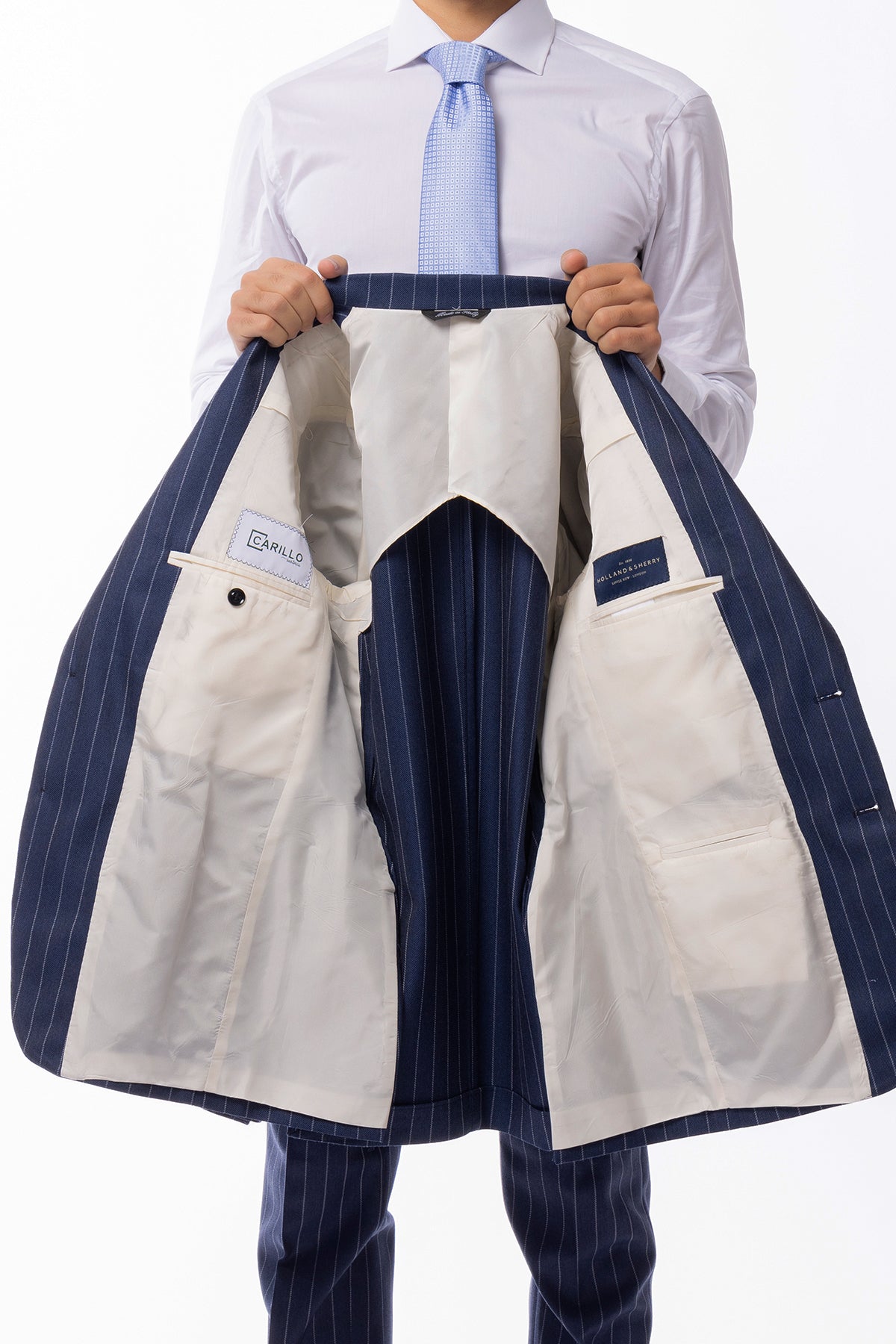 Giacca uomo monopetto blu gessata in lana Flanella Holland & Sherry slim fit rever a lancia largo