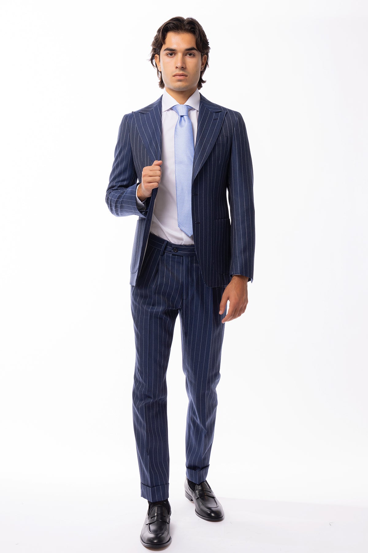 Giacca uomo monopetto blu gessata in lana Flanella Holland & Sherry slim fit rever a lancia largo
