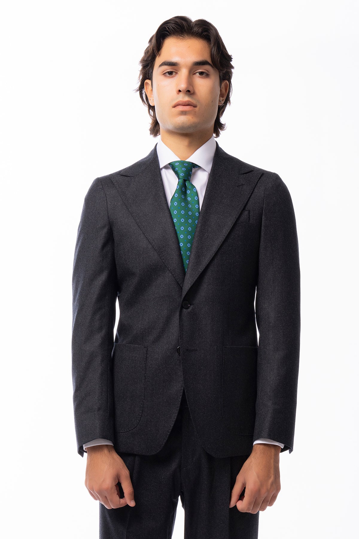 Abito uomo Monopetto Grigio scuro in lana Flanella Vitale Barberis Canonico slim fit rever largo sartoriale