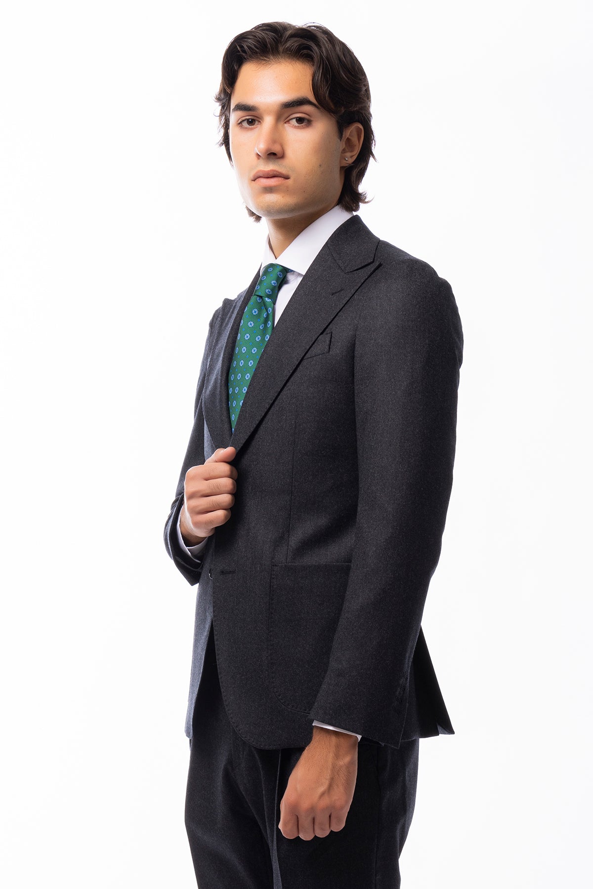 Abito uomo Monopetto Grigio scuro in lana Flanella Vitale Barberis Canonico slim fit rever largo sartoriale