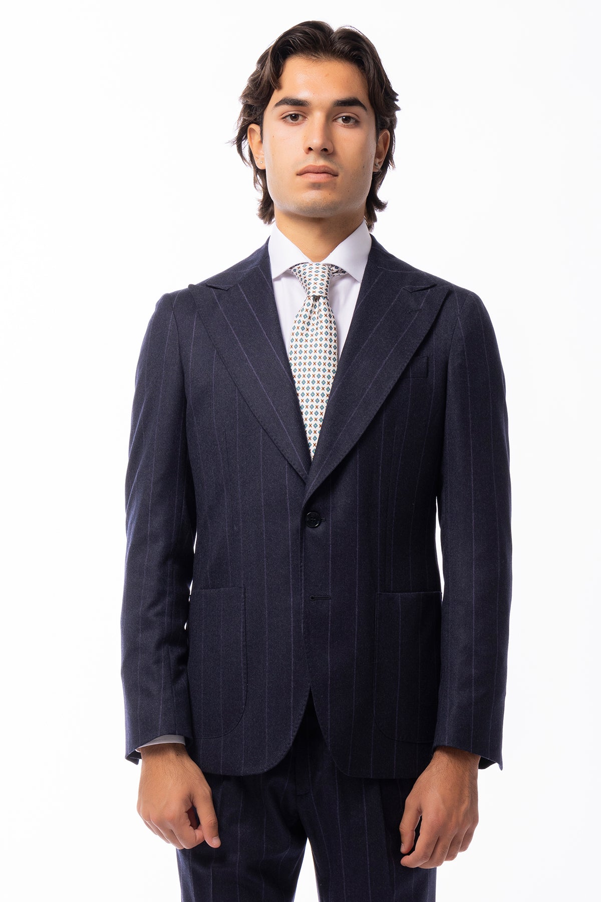 Giacca uomo monopetto blu fantasia gessata viola in lana sartoriale slim fit rever largo Vitale Barberis Canonico