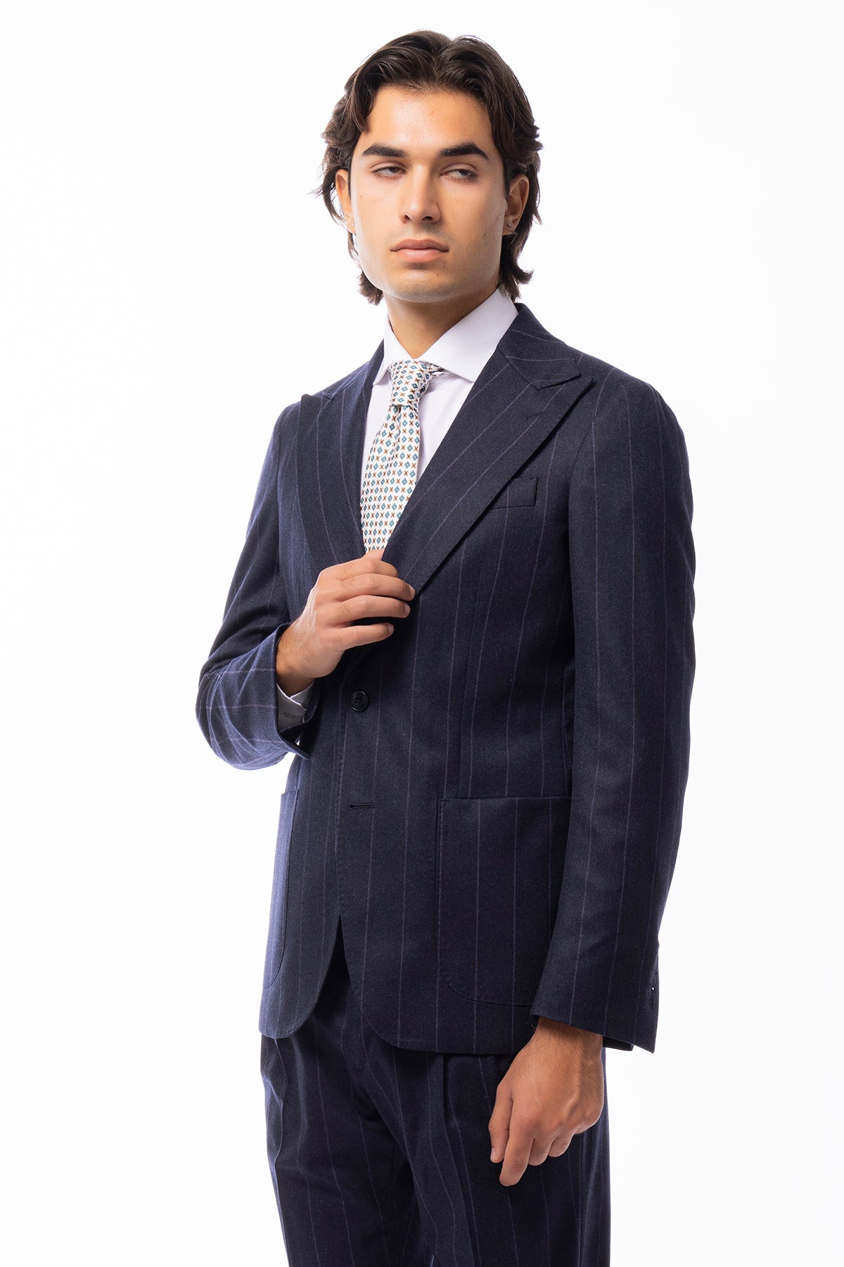 Giacca uomo monopetto blu fantasia gessata viola in lana sartoriale slim fit rever largo Vitale Barberis Canonico