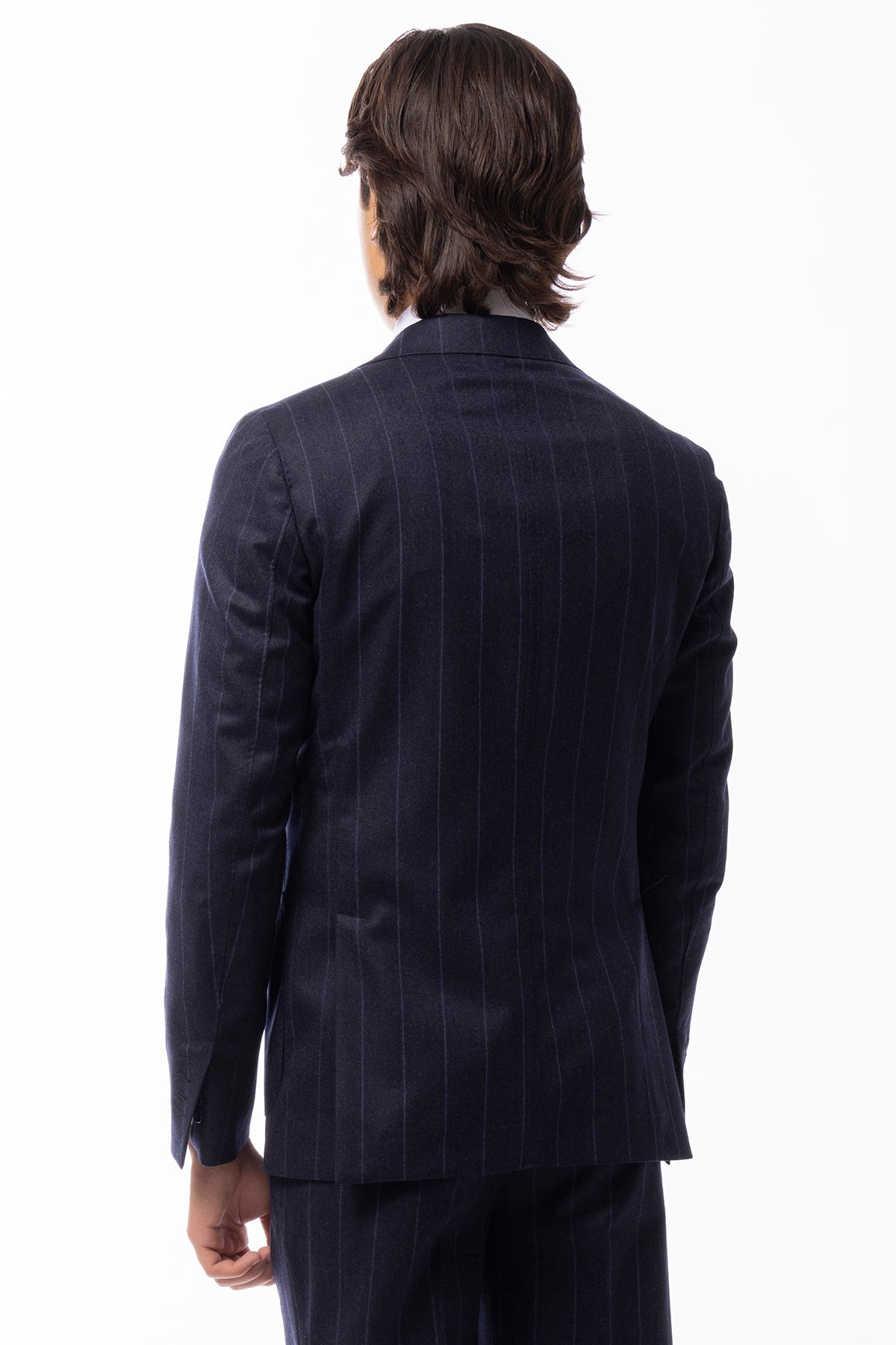 Giacca uomo monopetto blu fantasia gessata viola in lana sartoriale slim fit rever largo Vitale Barberis Canonico