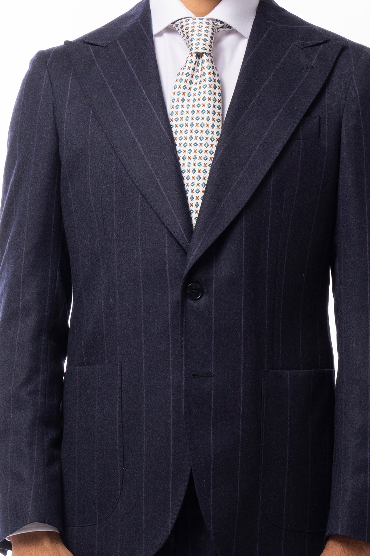 Giacca uomo monopetto blu fantasia gessata viola in lana sartoriale slim fit rever largo Vitale Barberis Canonico