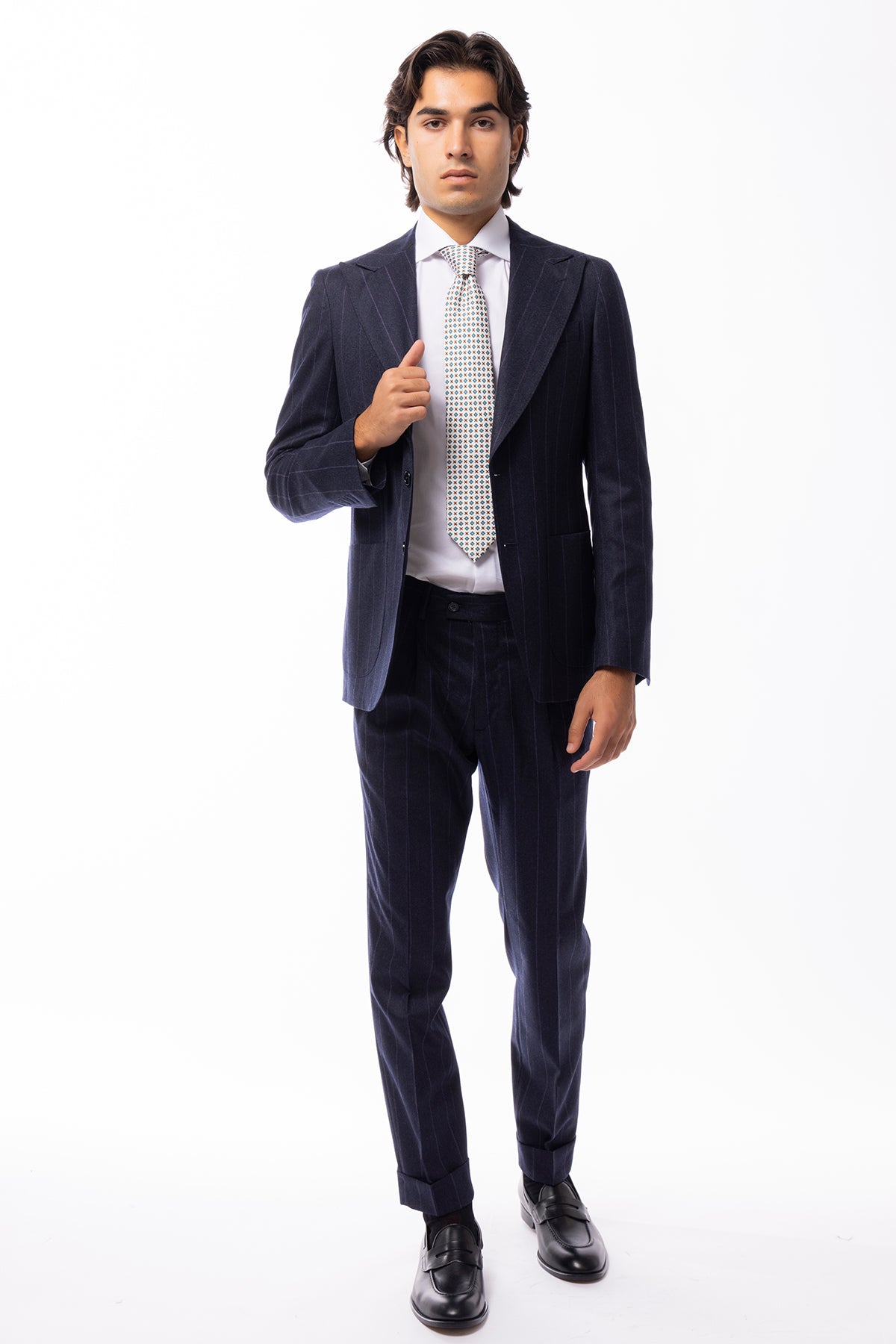 Giacca uomo monopetto blu fantasia gessata viola in lana sartoriale slim fit rever largo Vitale Barberis Canonico