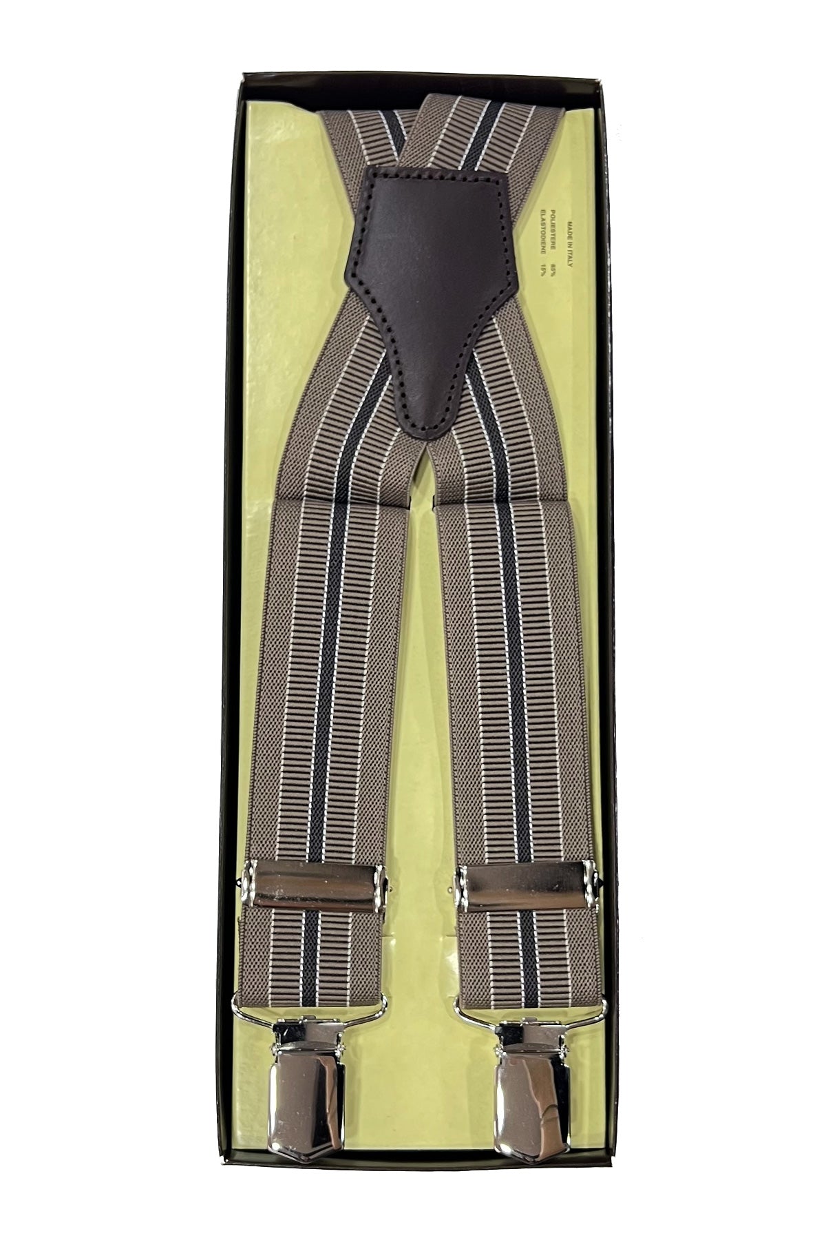 Bretelle da uomo beige riga marrone Elasticizzate 3,5 cm regolabili con chiusura pinze argento