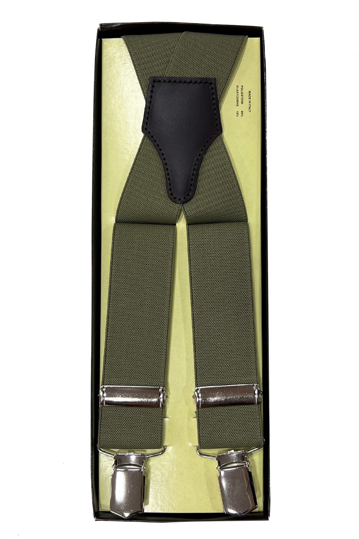 Bretelle da uomo verde militare tinta unita Elasticizzate 3,5 cm regolabili con chiusura pinze argento