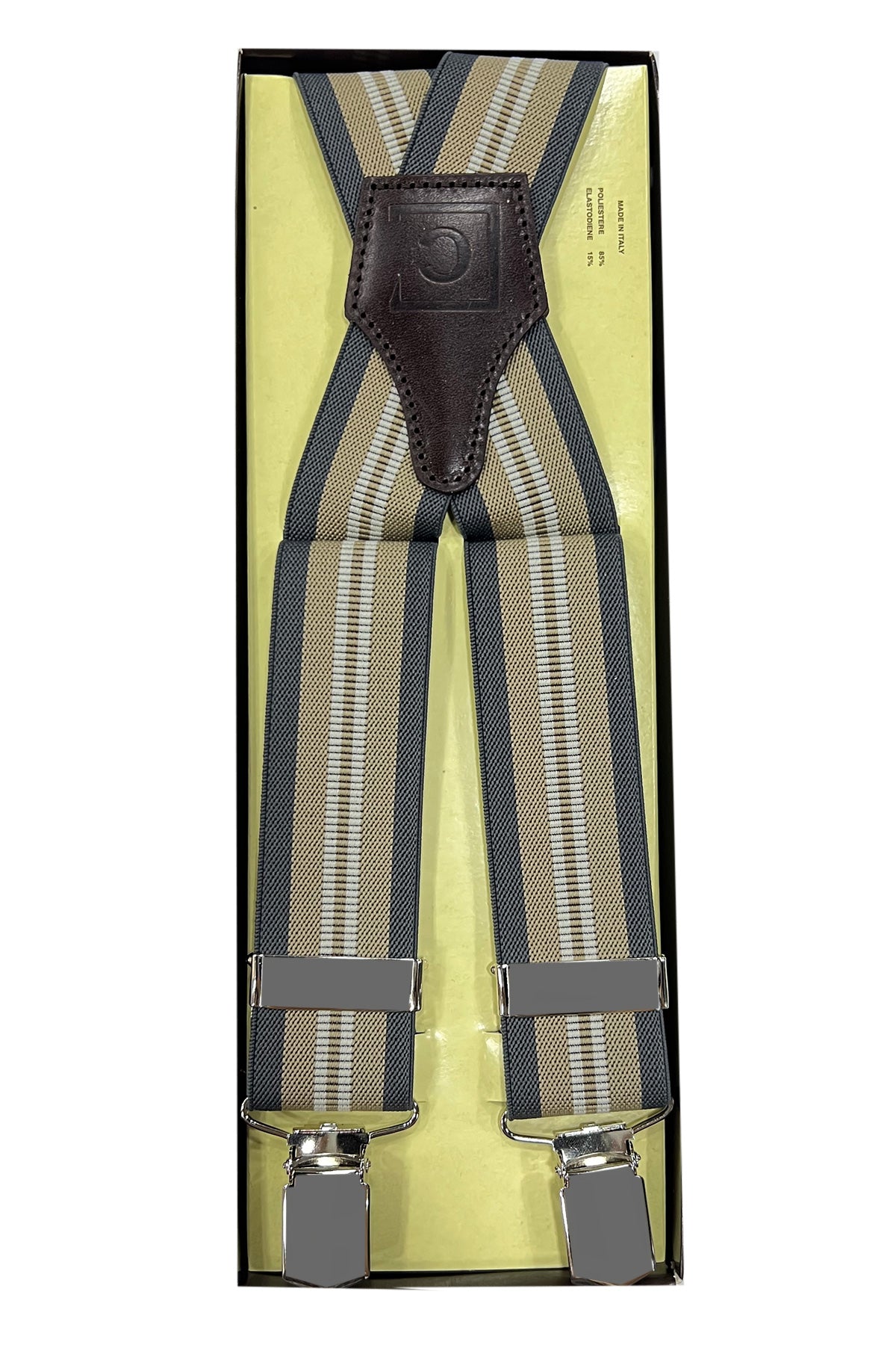 Bretelle da uomo beige Fantasia Elasticizzate 3,5 cm regolabili con chiusura pinze argento