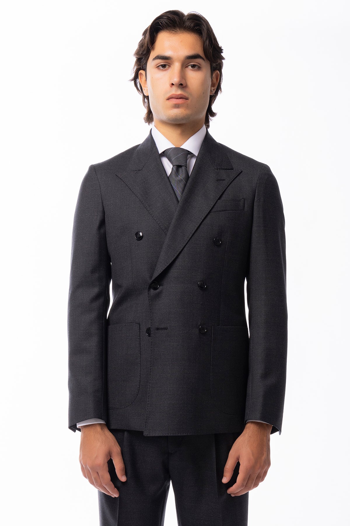 Abito uomo Doppiopetto Grigio scuro in lana Flanella Vitale Barberis Canonico slim fit rever largo sartoriale
