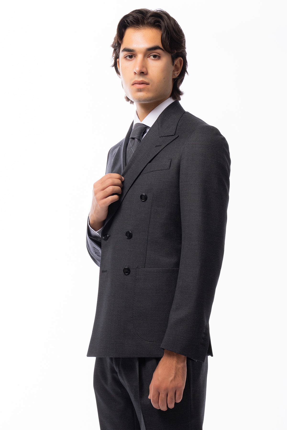 Abito uomo Doppiopetto Grigio scuro in lana Flanella Vitale Barberis Canonico slim fit rever largo sartoriale