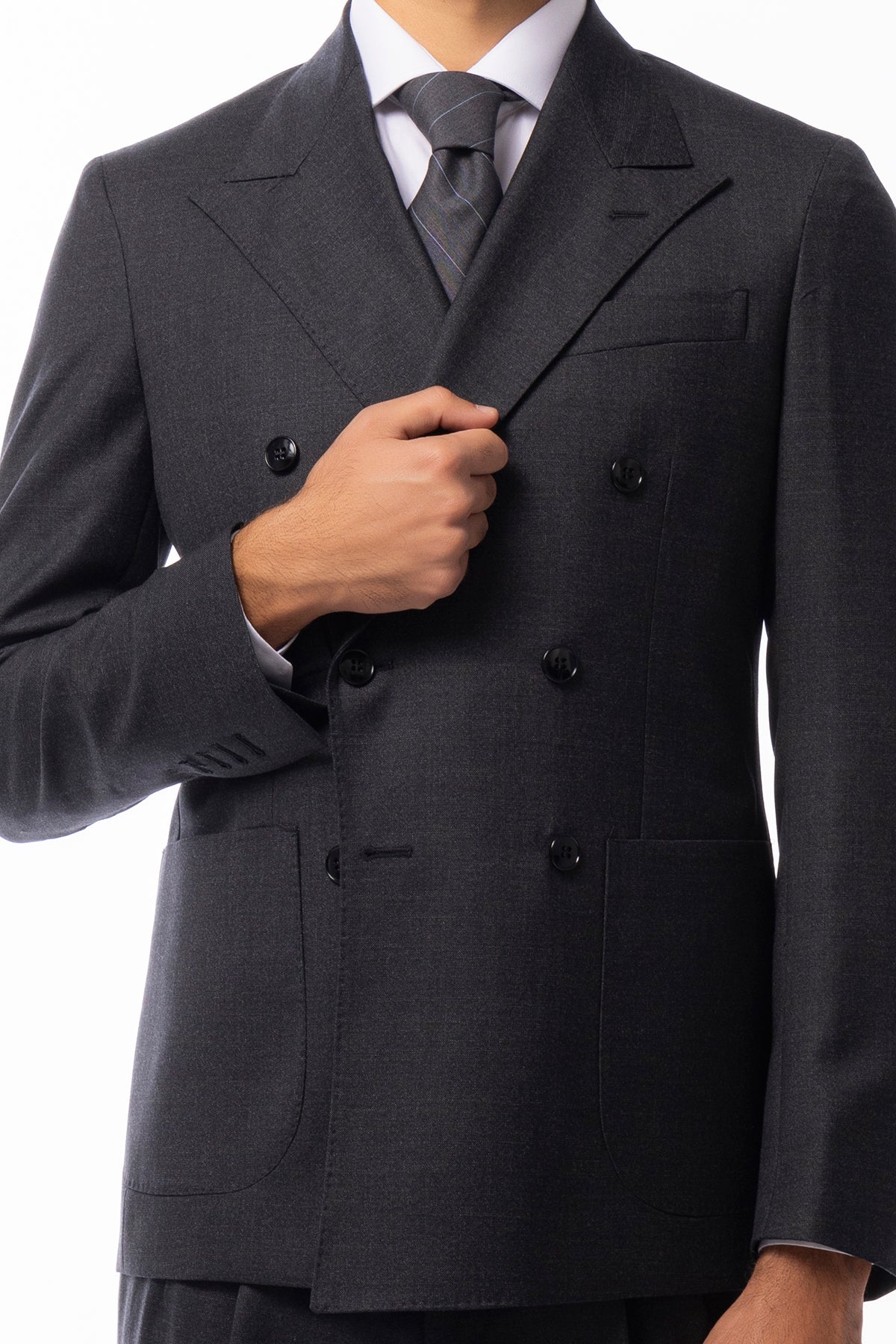 Giacca uomo Doppiopetto Grigio scuro in lana Flanella Vitale Barberis Canonico slim fit rever largo sartoriale