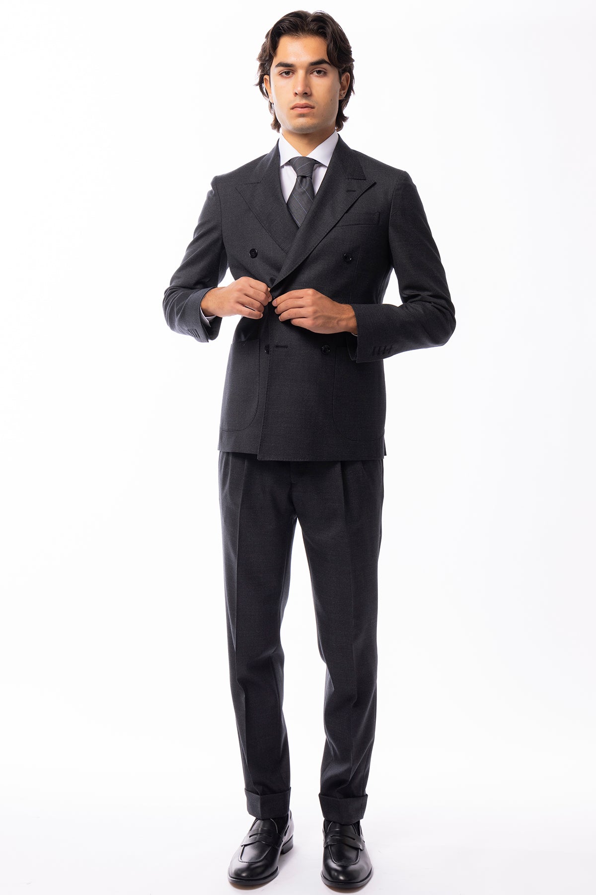 Giacca uomo Doppiopetto Grigio scuro in lana Flanella Vitale Barberis Canonico slim fit rever largo sartoriale