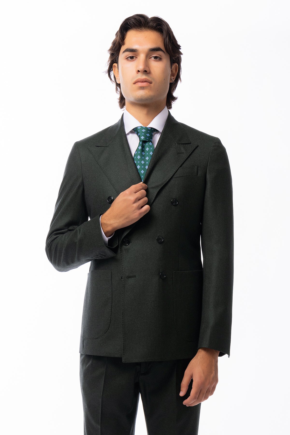 Giacca uomo doppiopetto verde scuro in pura lana 100% Vitale Barberis Canonico Rever a lancia e tasche a toppe
