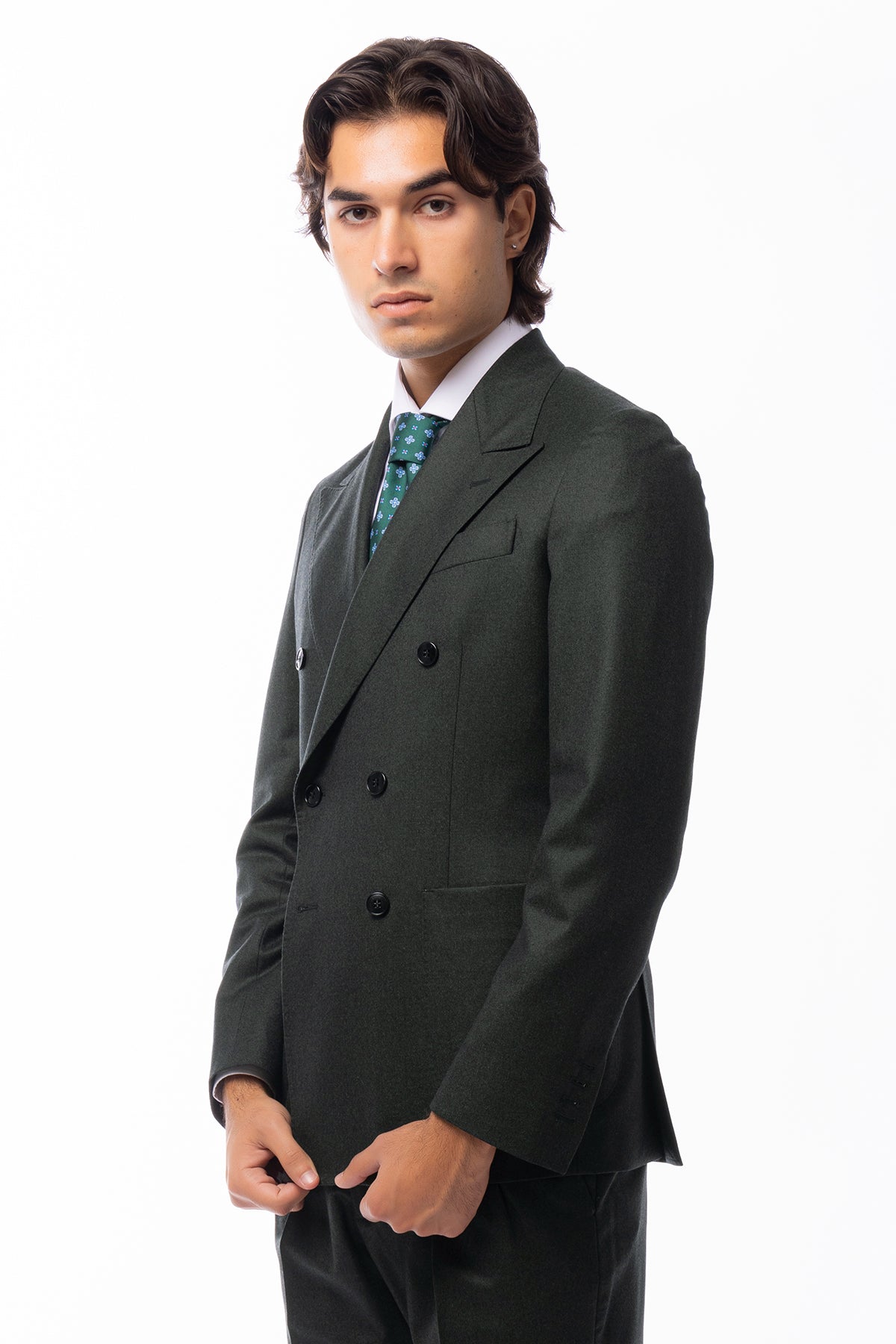 Giacca uomo doppiopetto verde scuro in pura lana 100% Vitale Barberis Canonico Rever a lancia e tasche a toppe