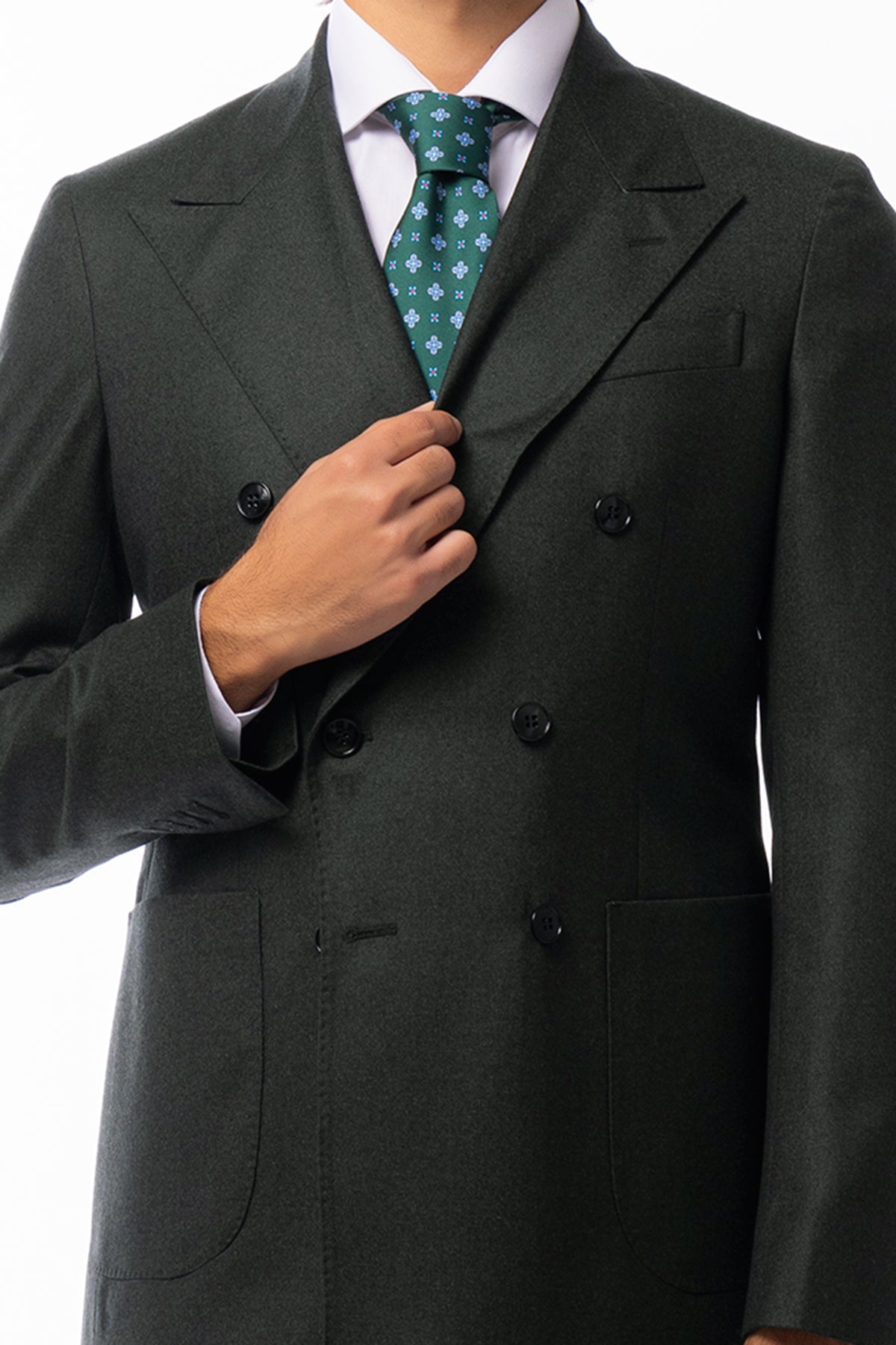 Giacca uomo doppiopetto verde scuro in pura lana 100% Vitale Barberis Canonico Rever a lancia e tasche a toppe