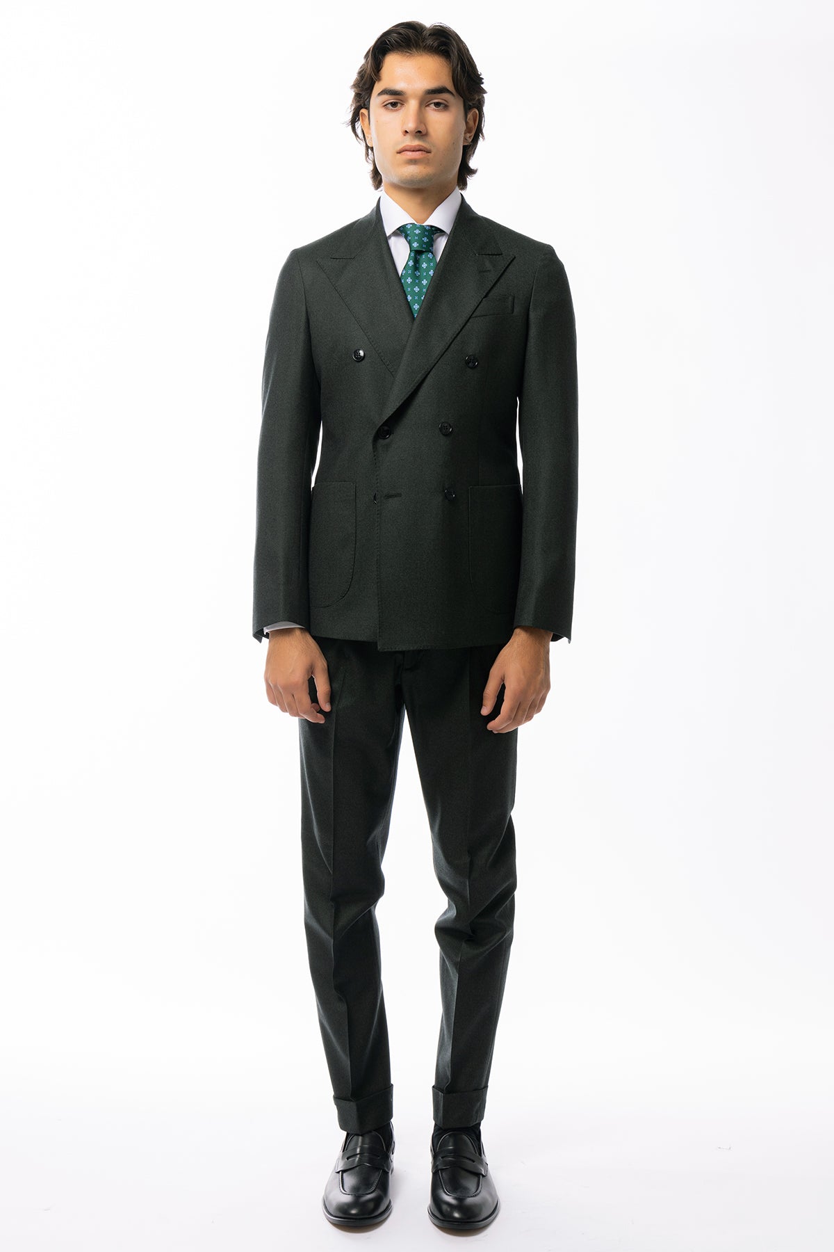 Giacca uomo doppiopetto verde scuro in pura lana 100% Vitale Barberis Canonico Rever a lancia e tasche a toppe