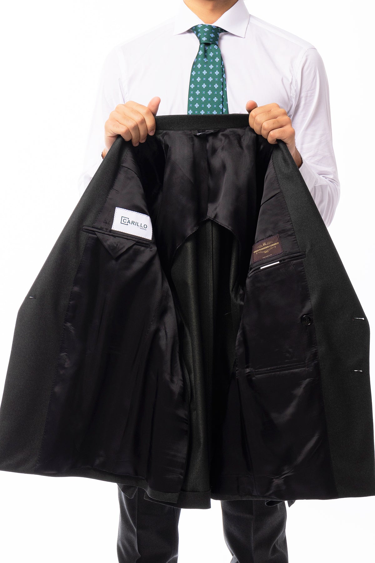 Giacca uomo doppiopetto verde scuro in pura lana 100% Vitale Barberis Canonico Rever a lancia e tasche a toppe