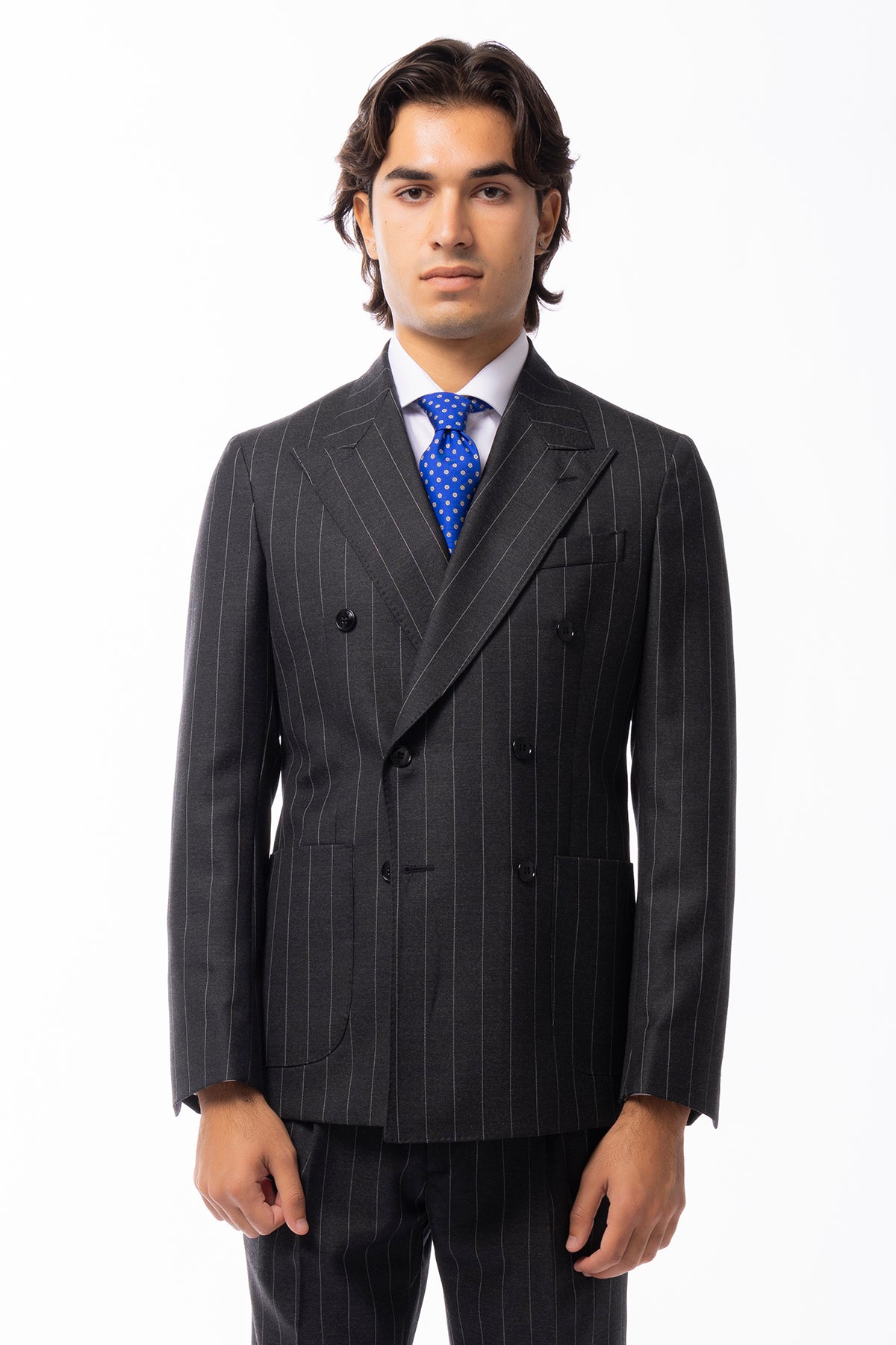 Abito uomo Doppiopetto Grigia gessata bianca in lana Flanella al 100% Vitale Barberis Canonico slim fit rever largo sartoriale