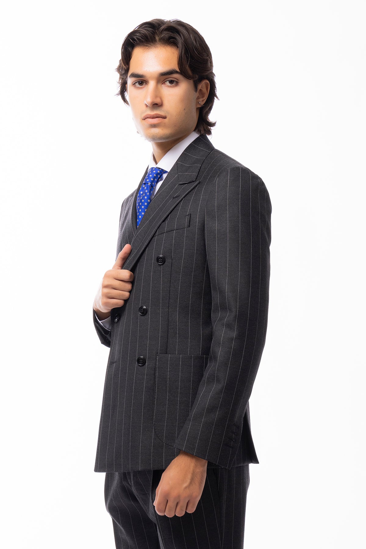 Giacca uomo Doppiopetto Grigia gessata bianca in lana Flanella al 100% Vitale Barberis Canonico slim fit rever largo sartoriale