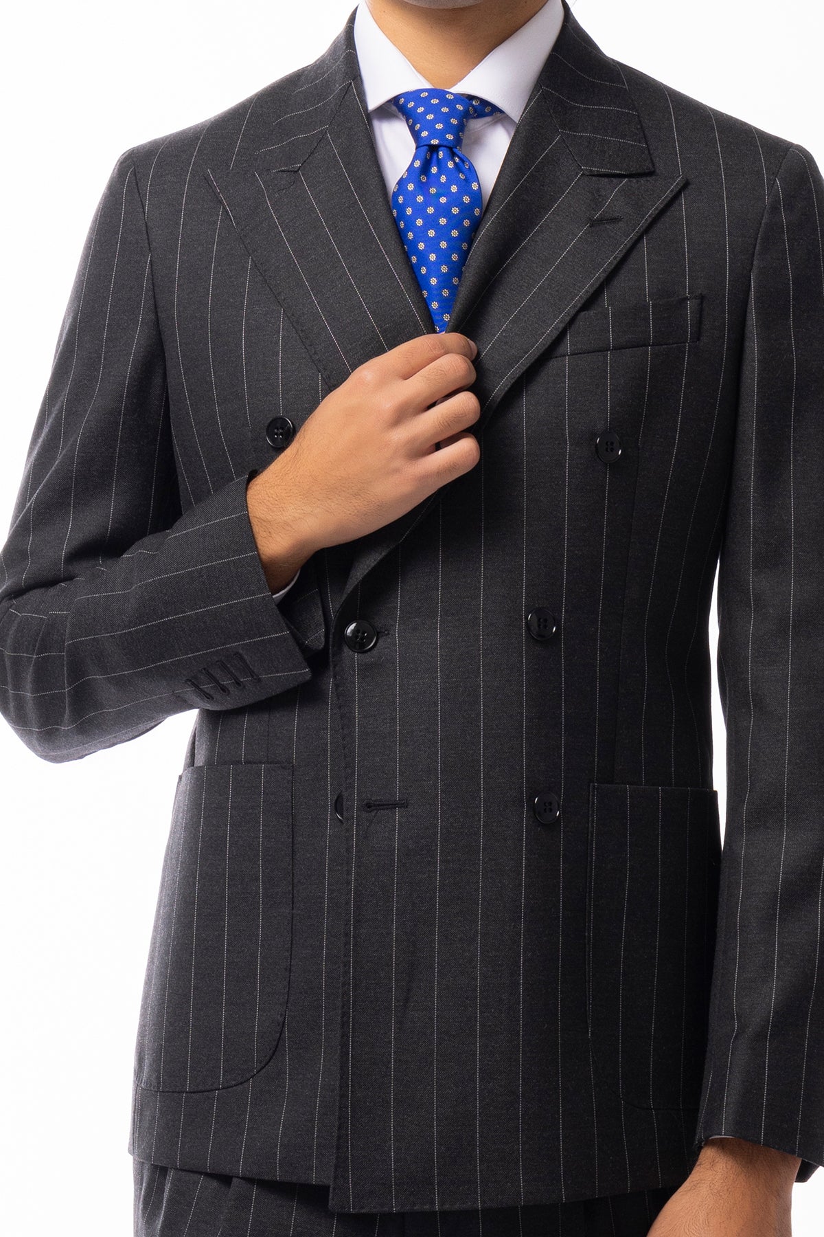Giacca uomo Doppiopetto Grigia gessata bianca in lana Flanella al 100% Vitale Barberis Canonico slim fit rever largo sartoriale