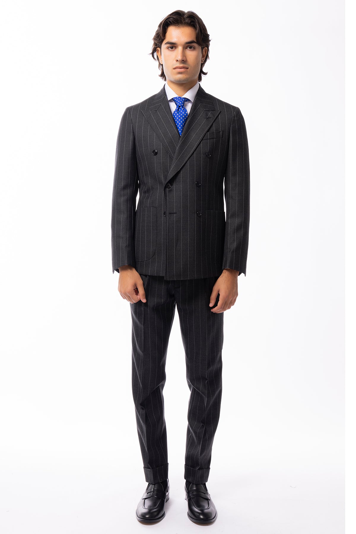 Abito uomo Doppiopetto Grigia gessata bianca in lana Flanella al 100% Vitale Barberis Canonico slim fit rever largo sartoriale