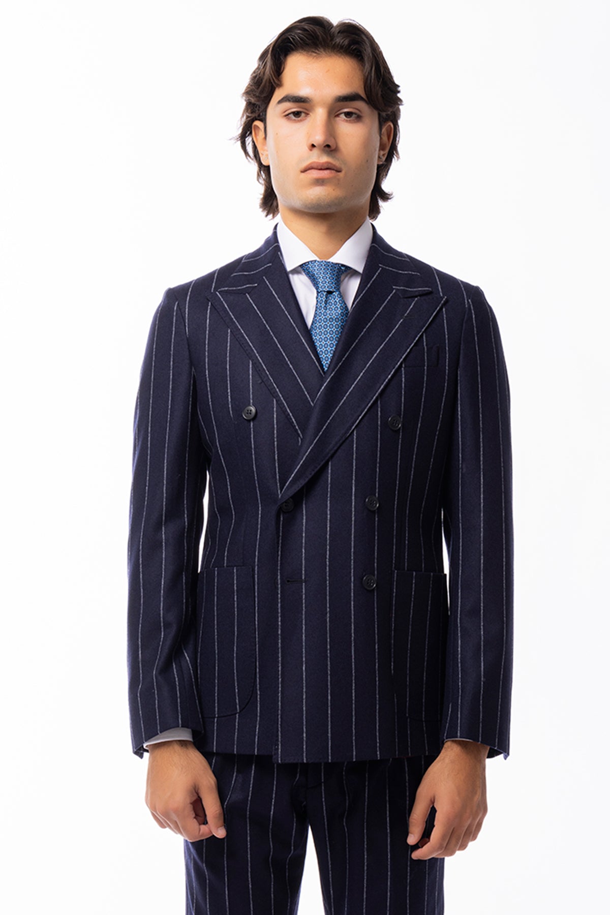 Giacca uomo Doppiopetto blu Gessata in lana Flanella Vitale Barberis Canonico slim fit rever largo sartoriale