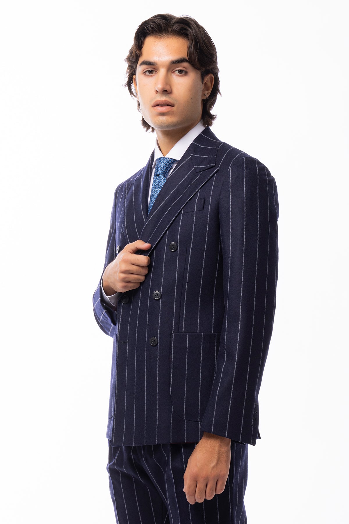 Giacca uomo Doppiopetto blu Gessata in lana Flanella Vitale Barberis Canonico slim fit rever largo sartoriale