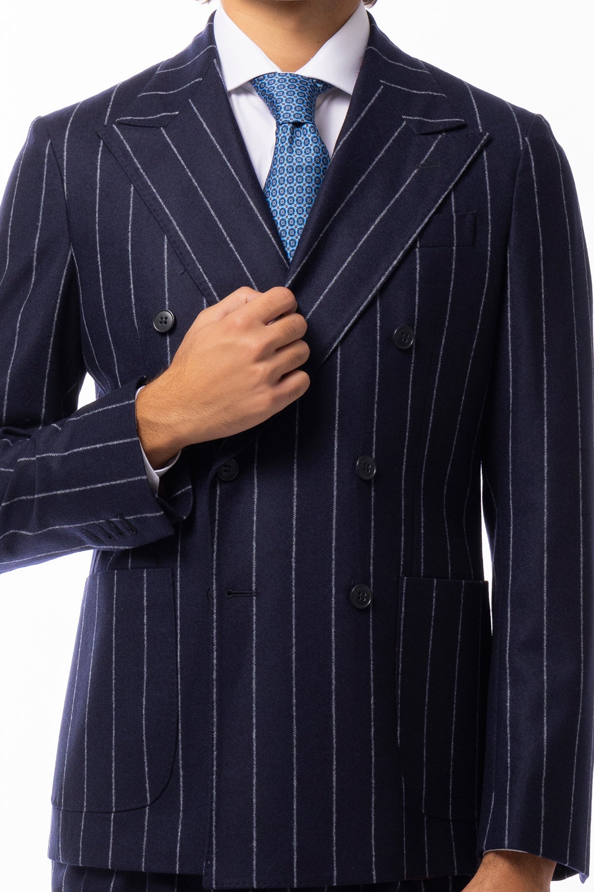 Giacca uomo Doppiopetto blu Gessata in lana Flanella Vitale Barberis Canonico slim fit rever largo sartoriale