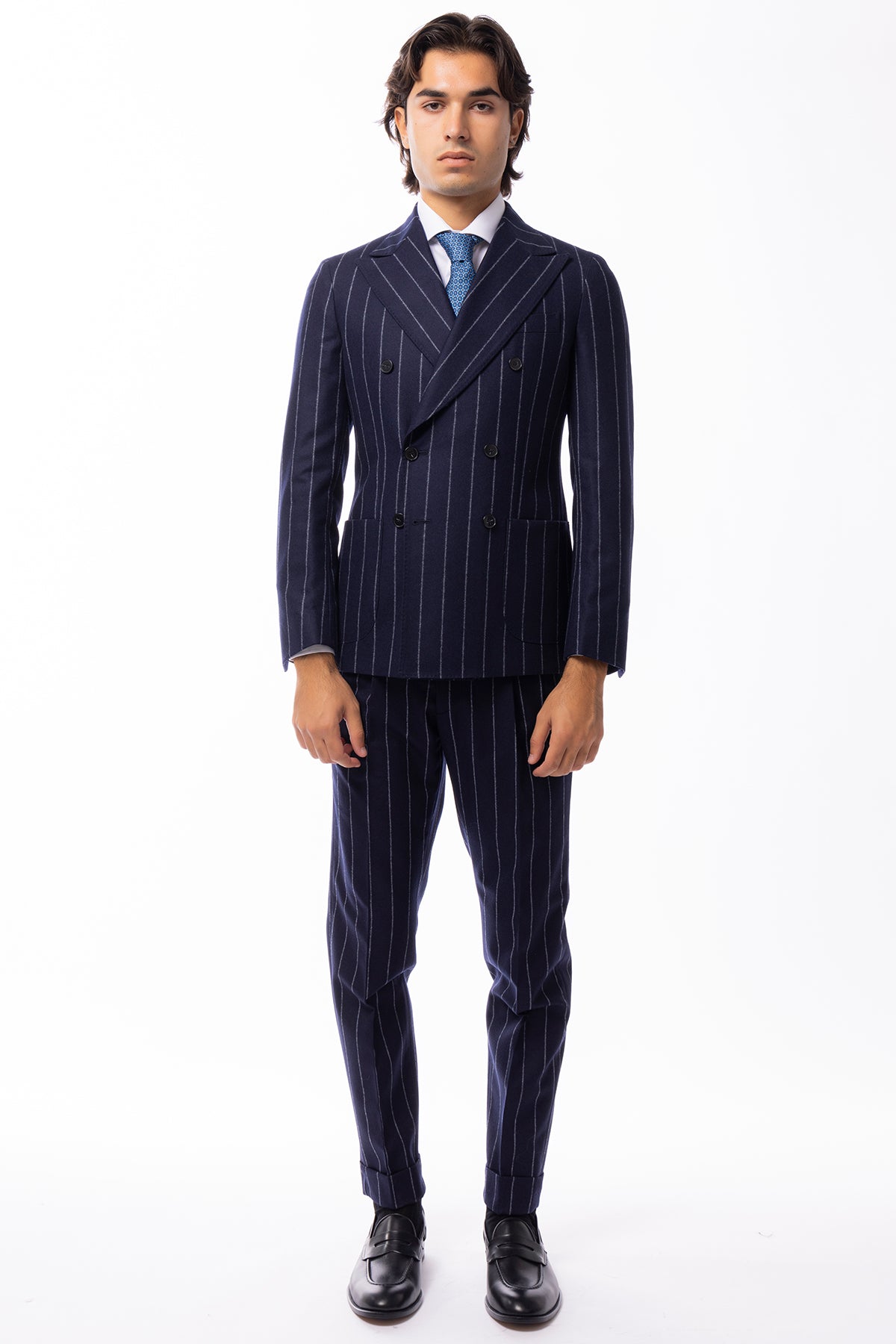 Giacca uomo Doppiopetto blu Gessata in lana Flanella Vitale Barberis Canonico slim fit rever largo sartoriale