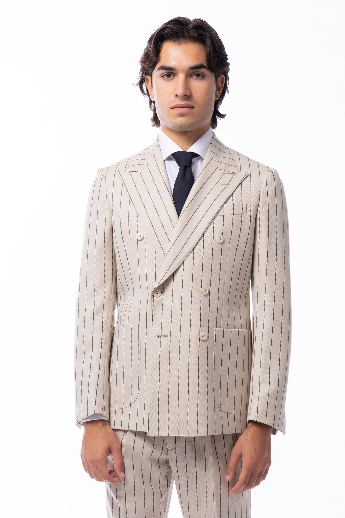 Abito uomo Doppiopetto beige gessata nera in in lana flanella Holland & Sherry slim fit rever largo