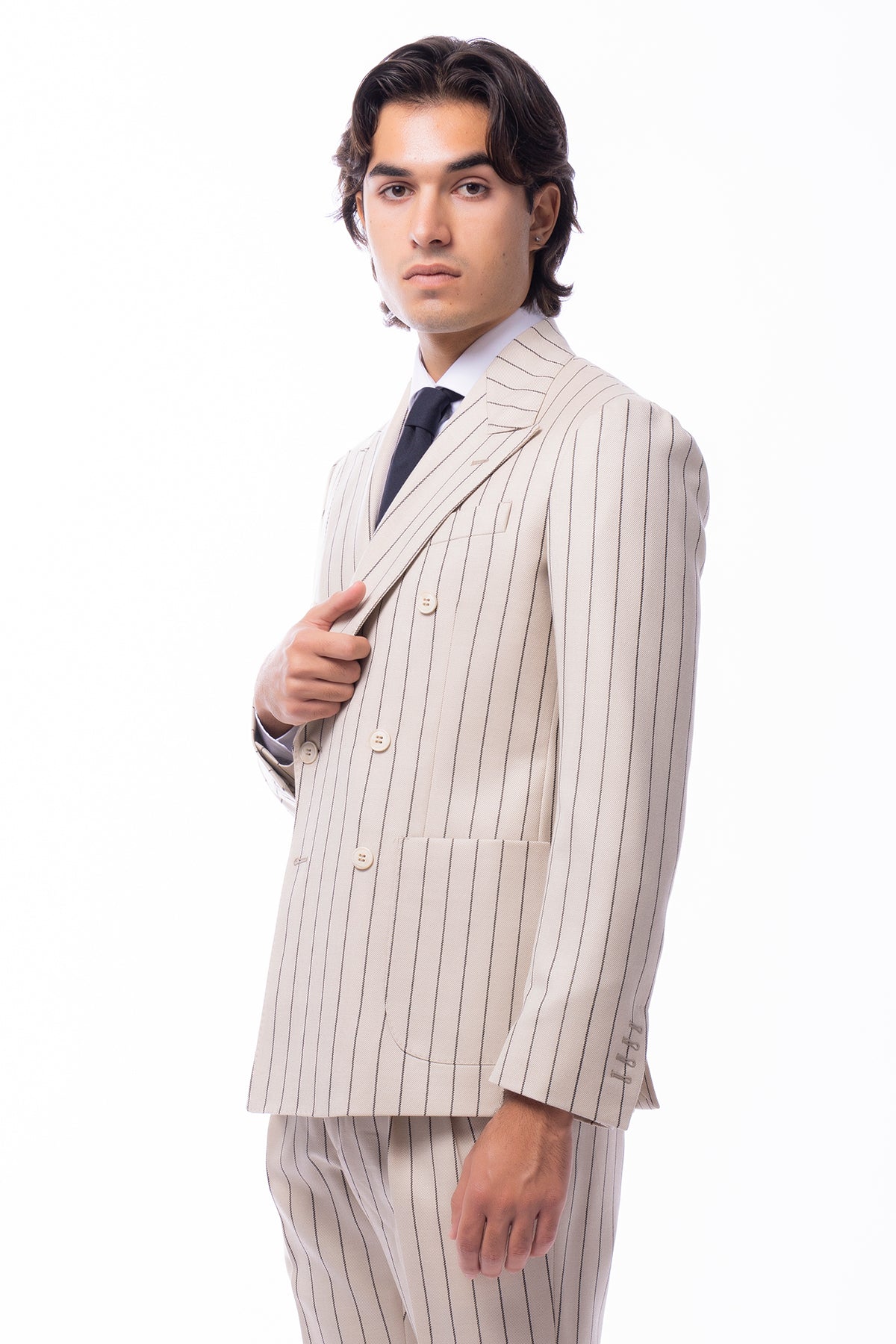 Giacca uomo Doppiopetto beige gessata nera in in lana flanella Holland & Sherry slim fit rever largo
