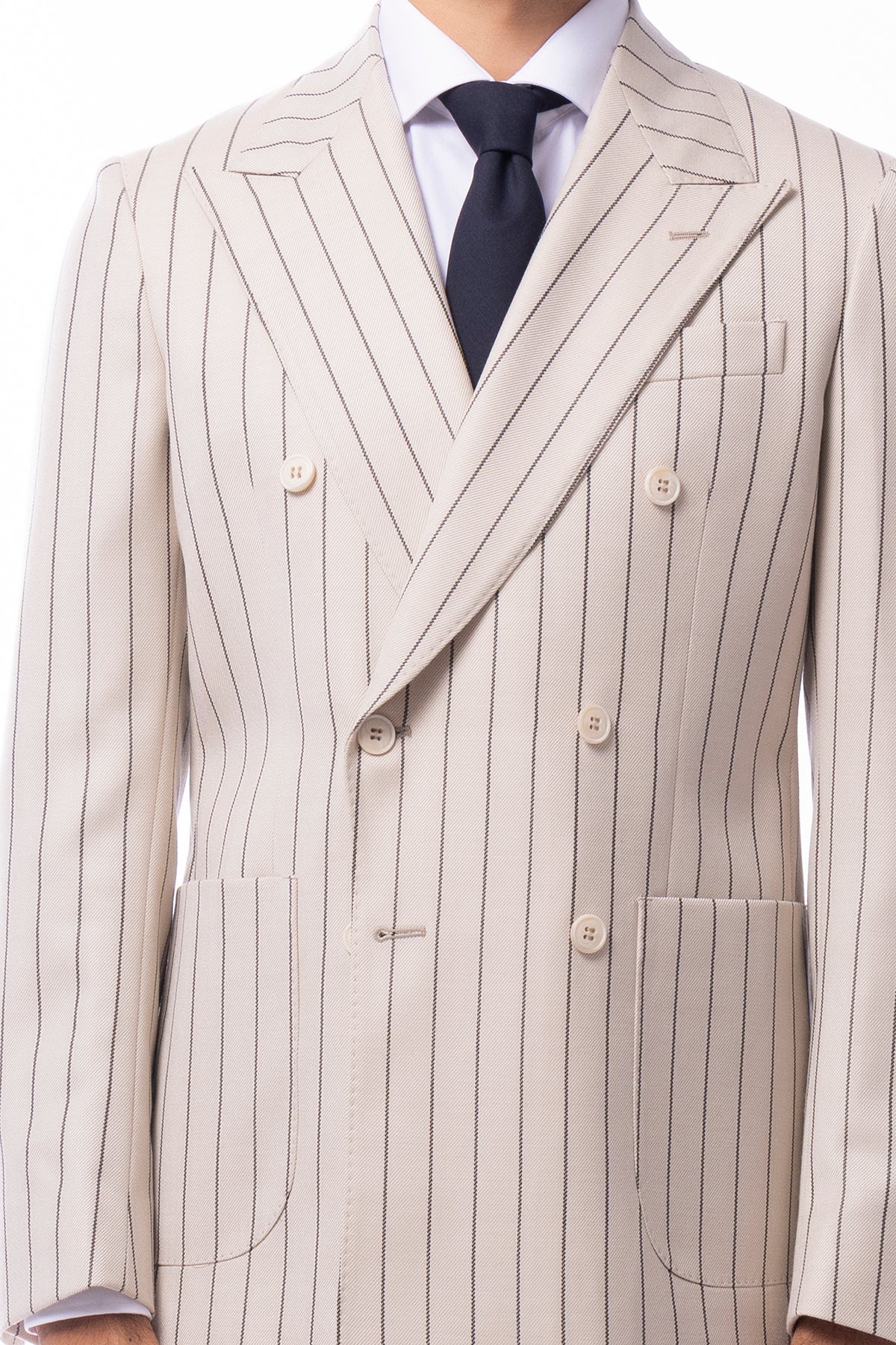 Abito uomo Doppiopetto beige gessata nera in in lana flanella Holland & Sherry slim fit rever largo