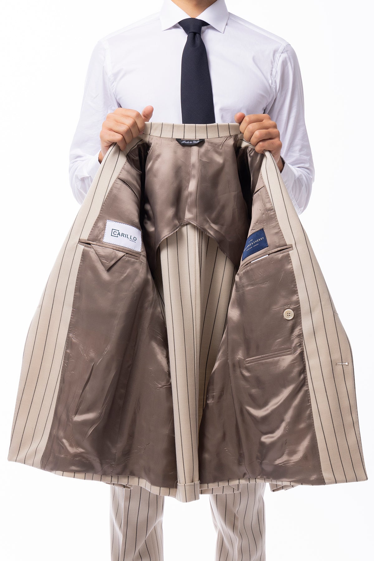 Abito uomo Doppiopetto beige gessata nera in in lana flanella Holland & Sherry slim fit rever largo