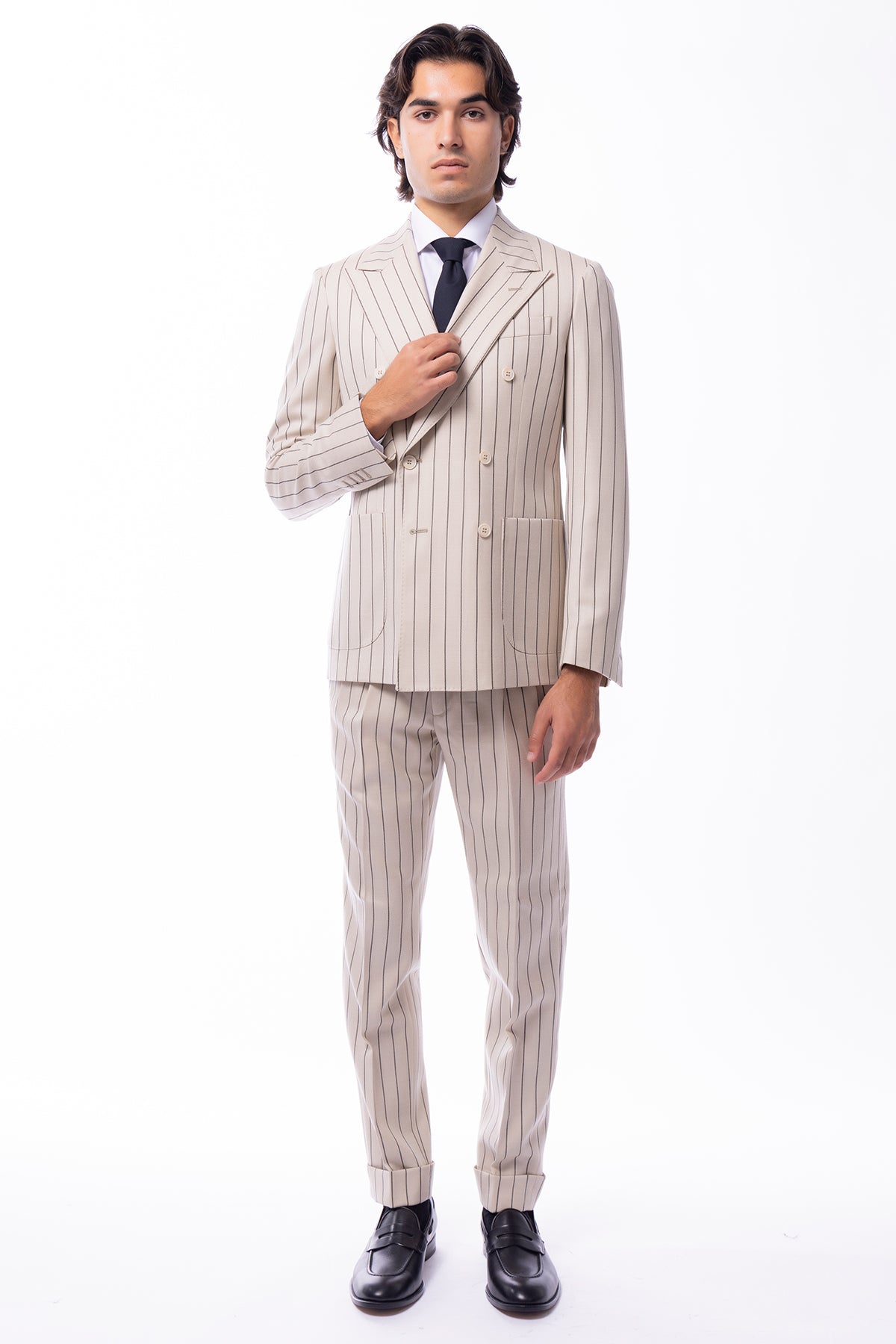 Giacca uomo Doppiopetto beige gessata nera in in lana flanella Holland & Sherry slim fit rever largo