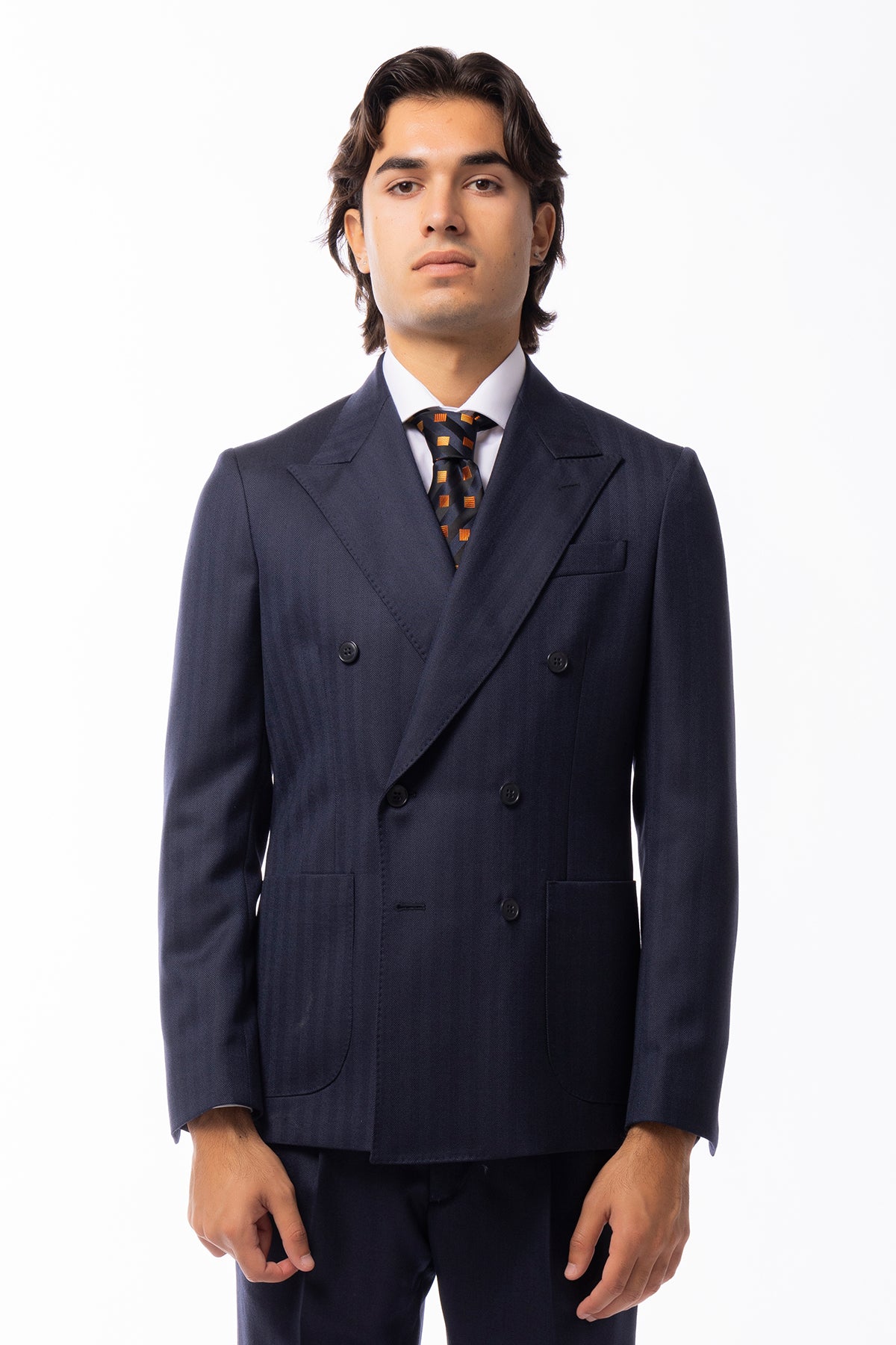 Giacca uomo Doppiopetto blu spigata 100% Lana WORSTED Holland & Sherry slim fit rever largo