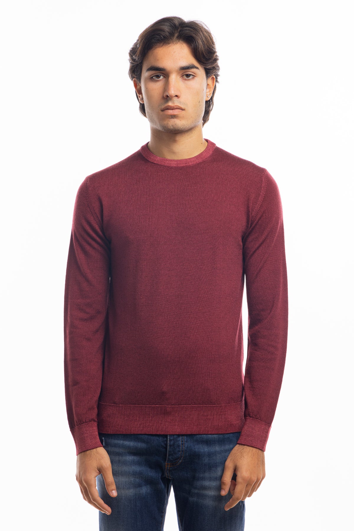 Maglione da uomo girocollo vinaccia in lana merinos 100% effetto stone wash maniche lunghe