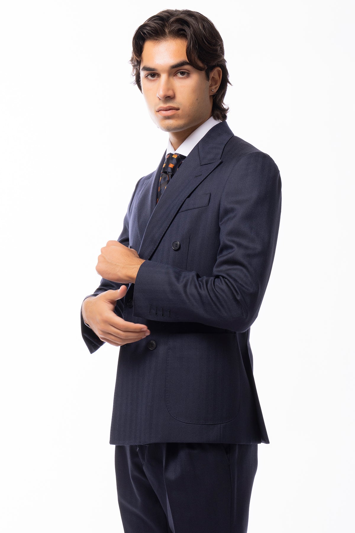 Giacca uomo Doppiopetto blu spigata 100% Lana WORSTED Holland & Sherry slim fit rever largo