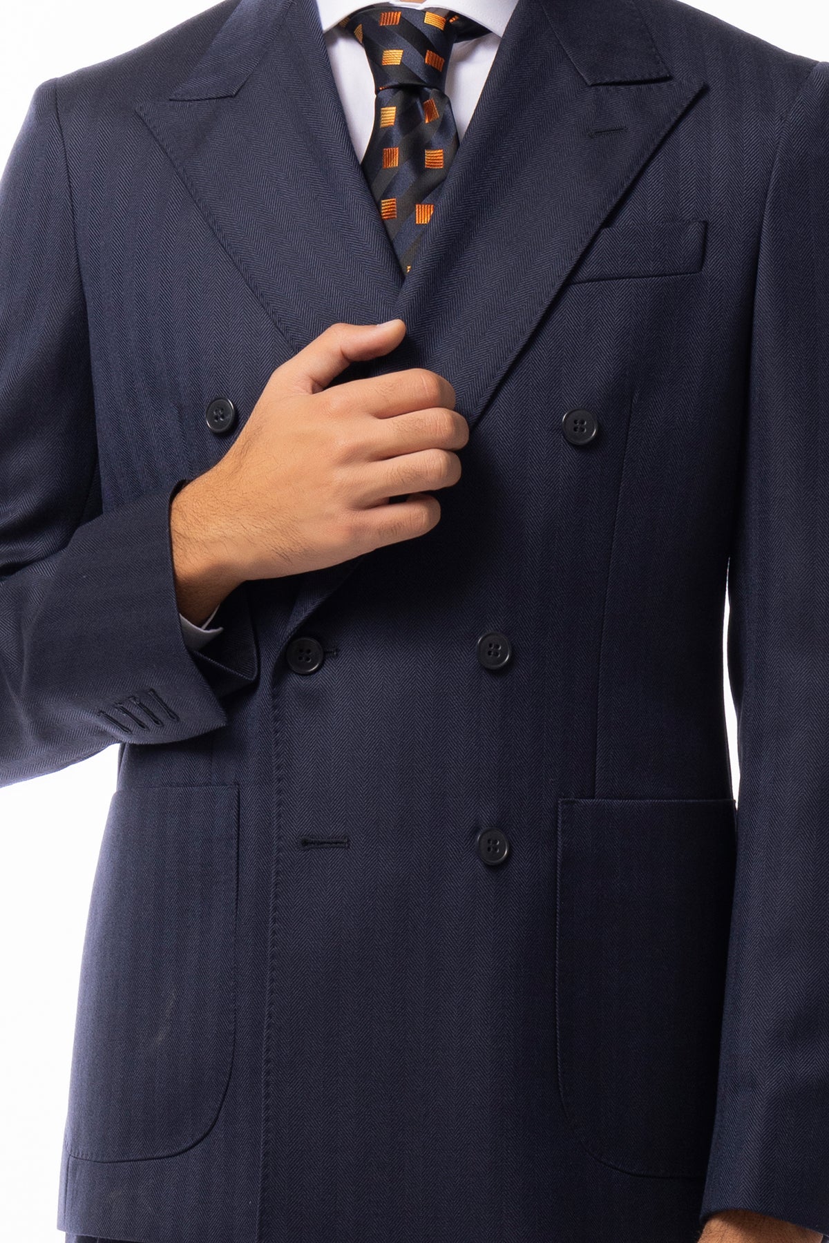 Giacca uomo Doppiopetto blu spigata 100% Lana WORSTED Holland & Sherry slim fit rever largo