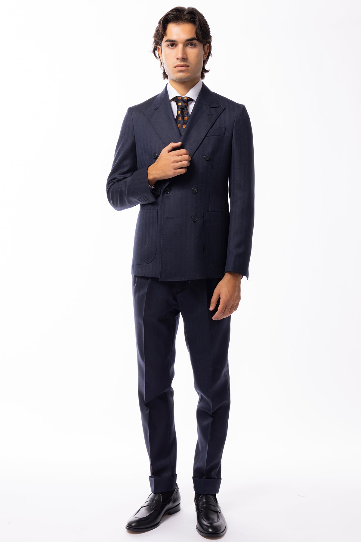 Giacca uomo Doppiopetto blu spigata 100% Lana WORSTED Holland & Sherry slim fit rever largo