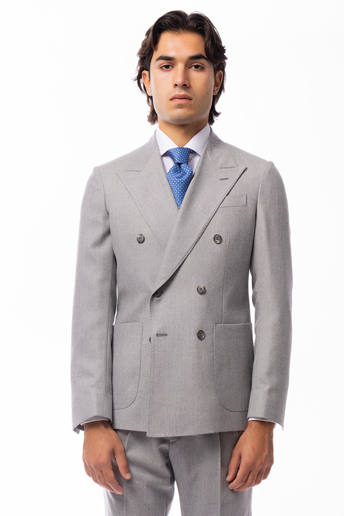 Giacca uomo doppiopetto grigio chiaro spigata in pura lana Holland & Sherry Rever a lancia e tasche a toppe