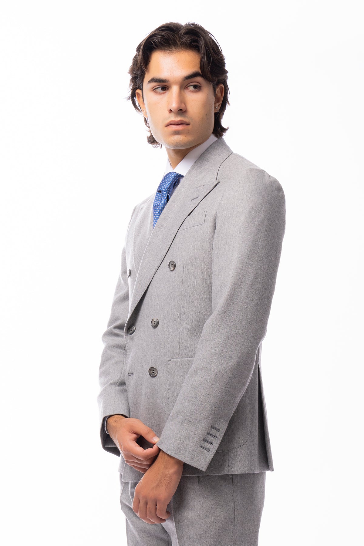 Giacca uomo doppiopetto grigio chiaro spigata in pura lana Holland & Sherry Rever a lancia e tasche a toppe