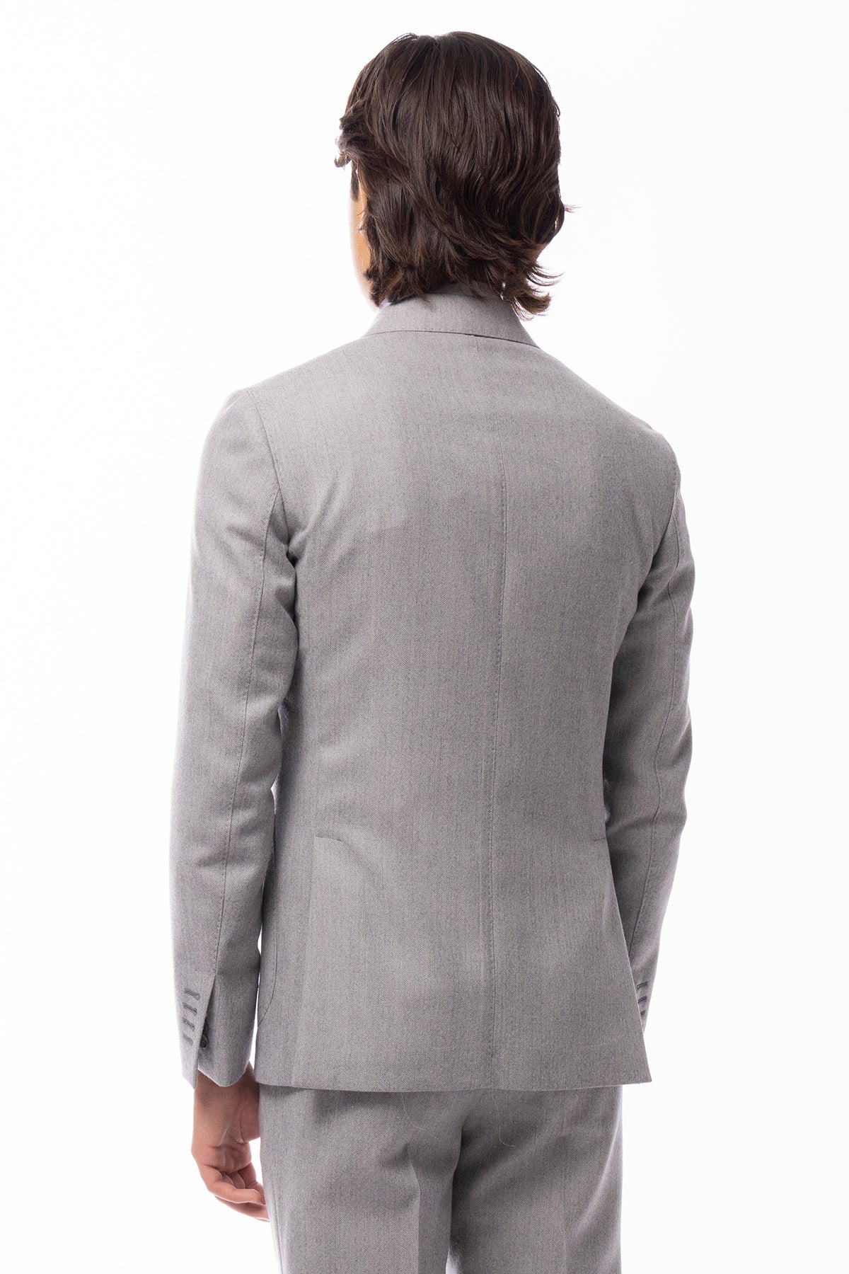 Giacca uomo doppiopetto grigio chiaro spigata in pura lana Holland & Sherry Rever a lancia e tasche a toppe