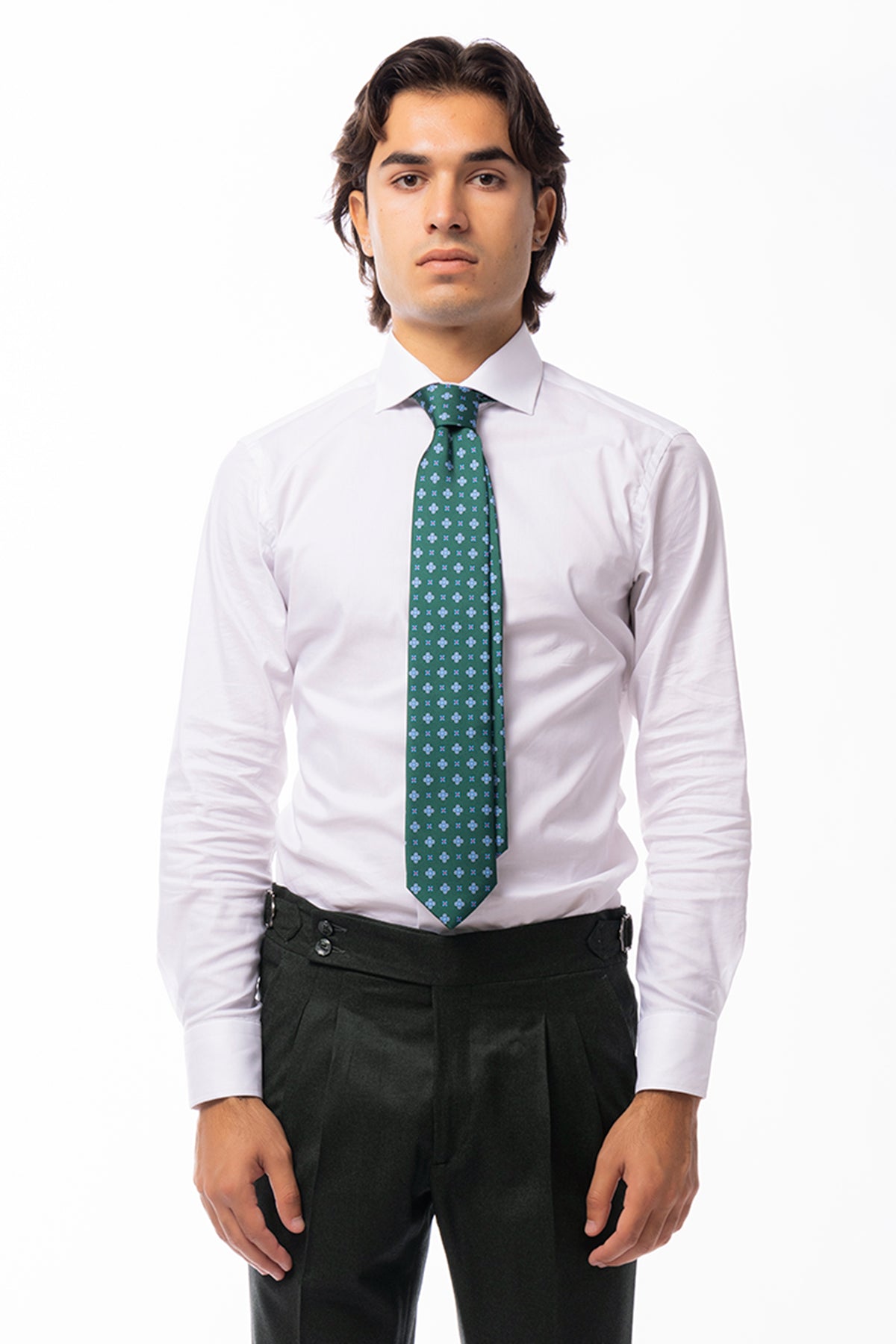 Cravatta uomo verde fantasia croci in seta 100% larghezza 8 cm da cerimonia elegante