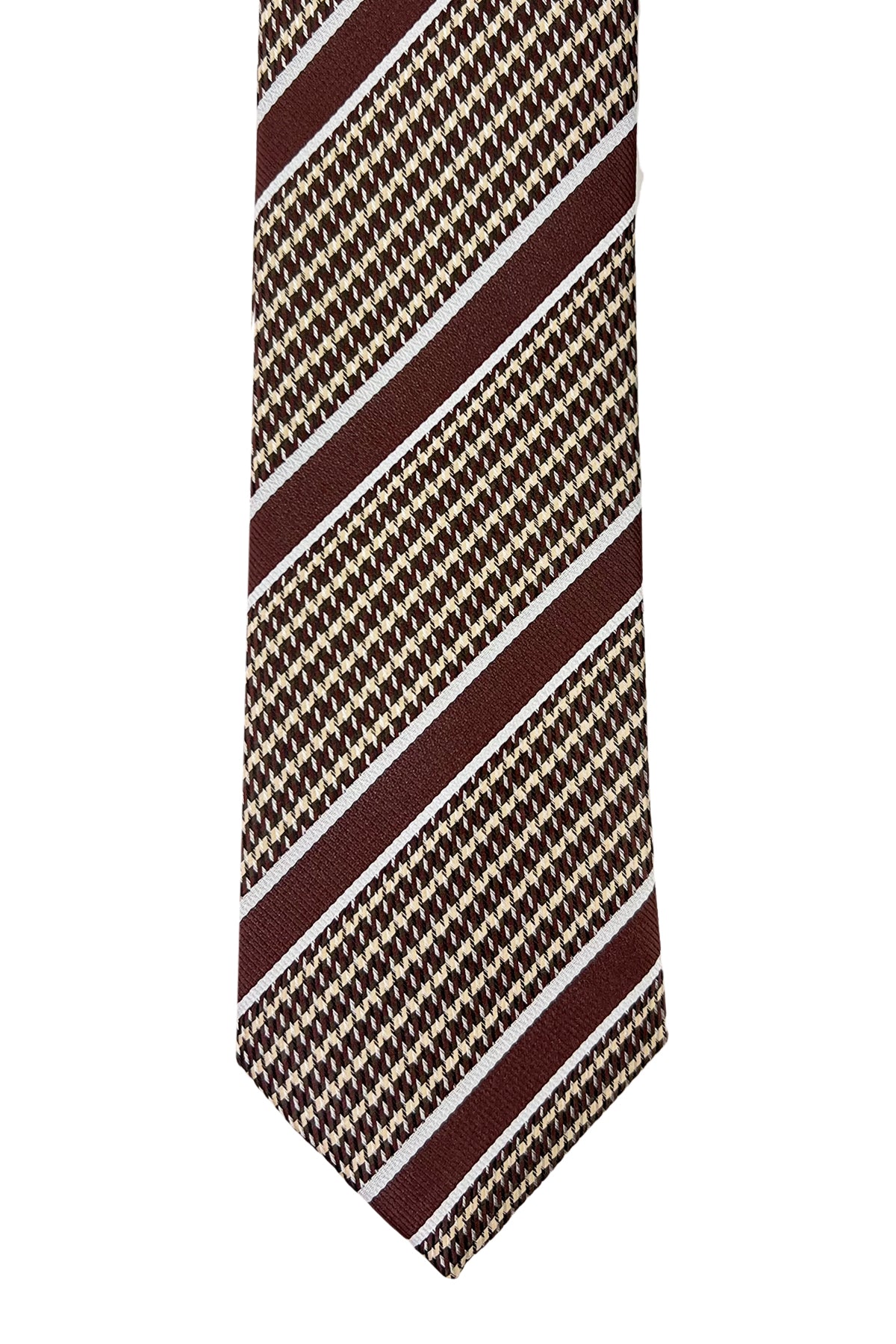 Cravatta uomo Marrone fantasia regimental e pied de poule in seta 100% larghezza 8 cm da cerimonia elegante