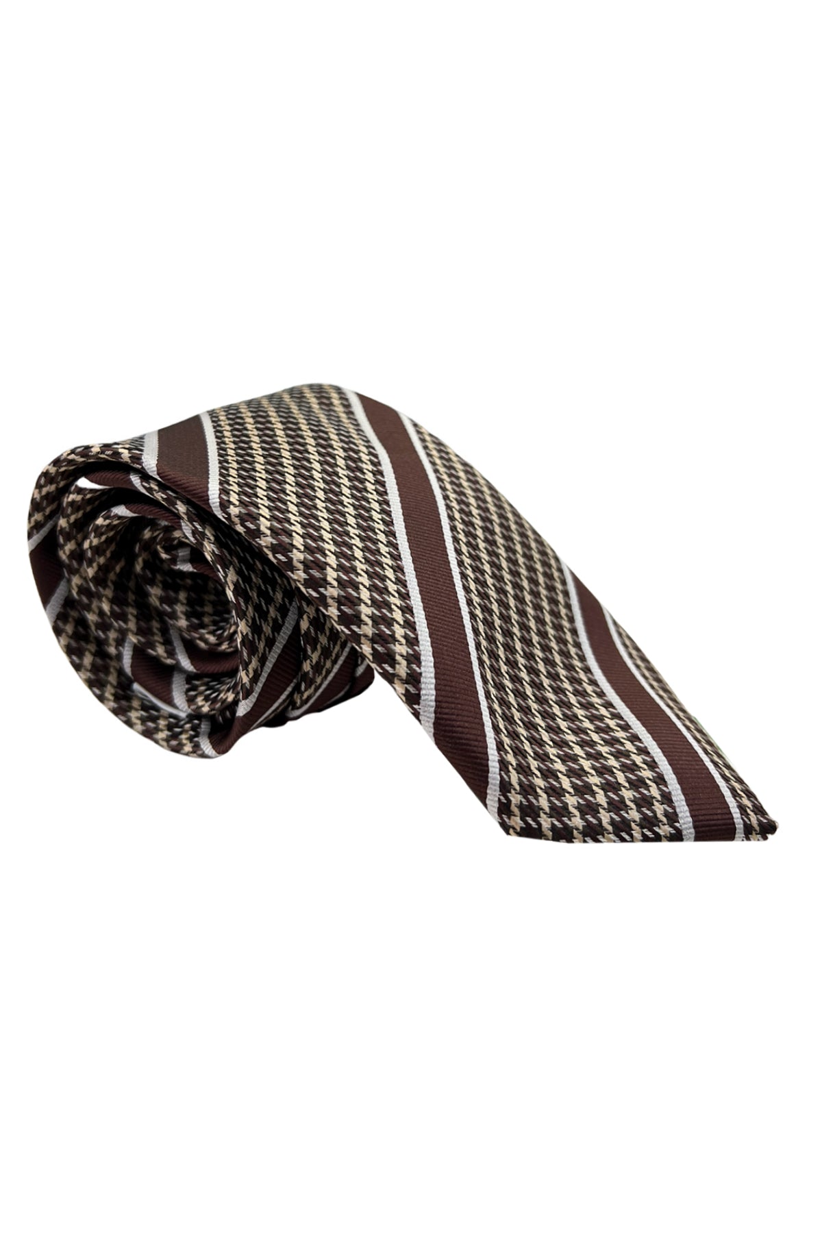Cravatta uomo Marrone fantasia regimental e pied de poule in seta 100% larghezza 8 cm da cerimonia elegante