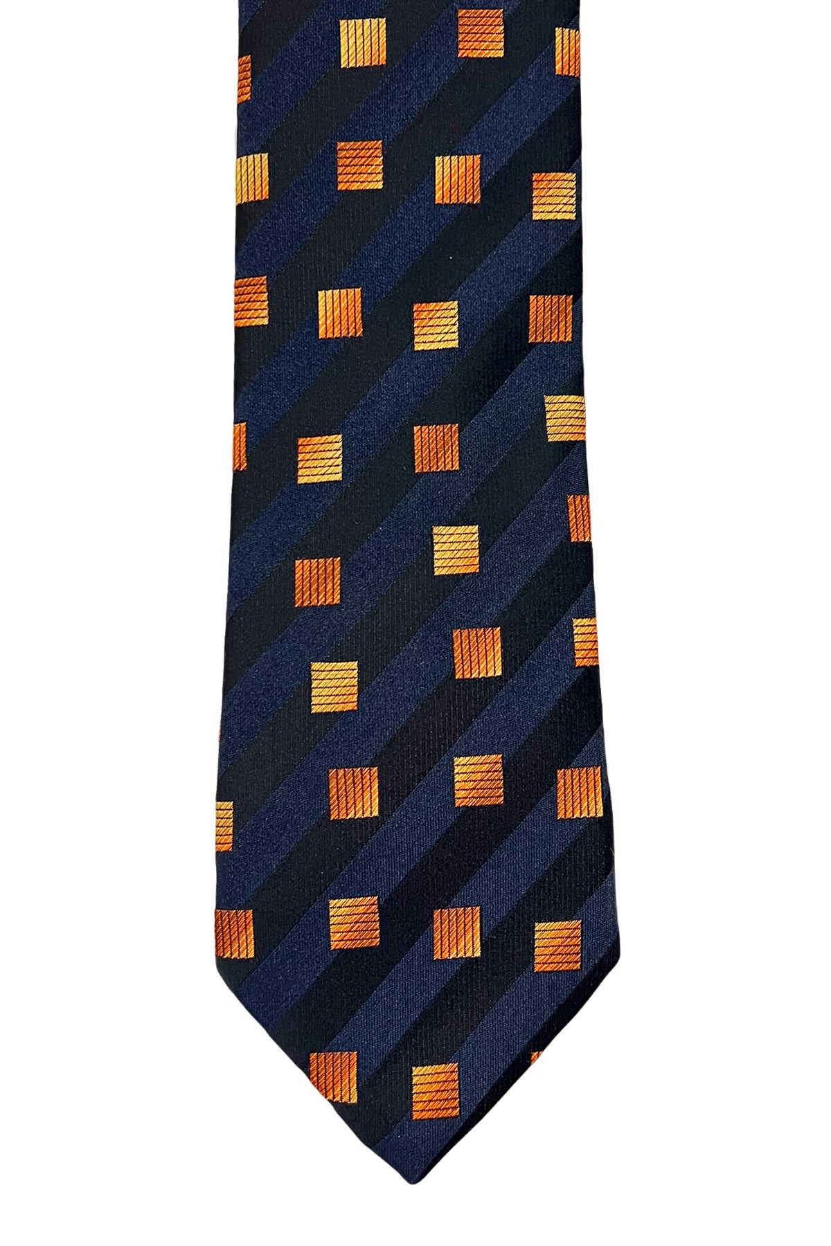 Cravatta uomo blu notte fantasia regimental e quadri arancio in seta 100% larghezza 8 cm da cerimonia elegante