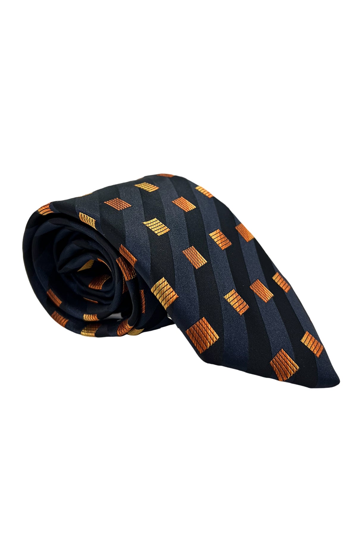 Cravatta uomo blu notte fantasia regimental e quadri arancio in seta 100% larghezza 8 cm da cerimonia elegante