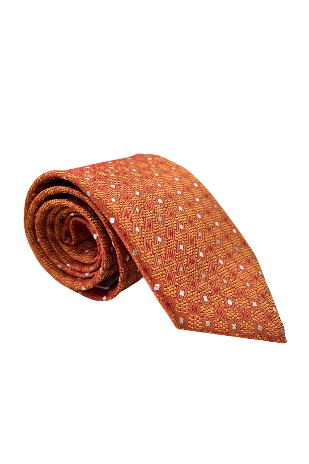 Cravatta uomo arancio fantasia rombi in seta 100% larghezza 8 cm da cerimonia elegante