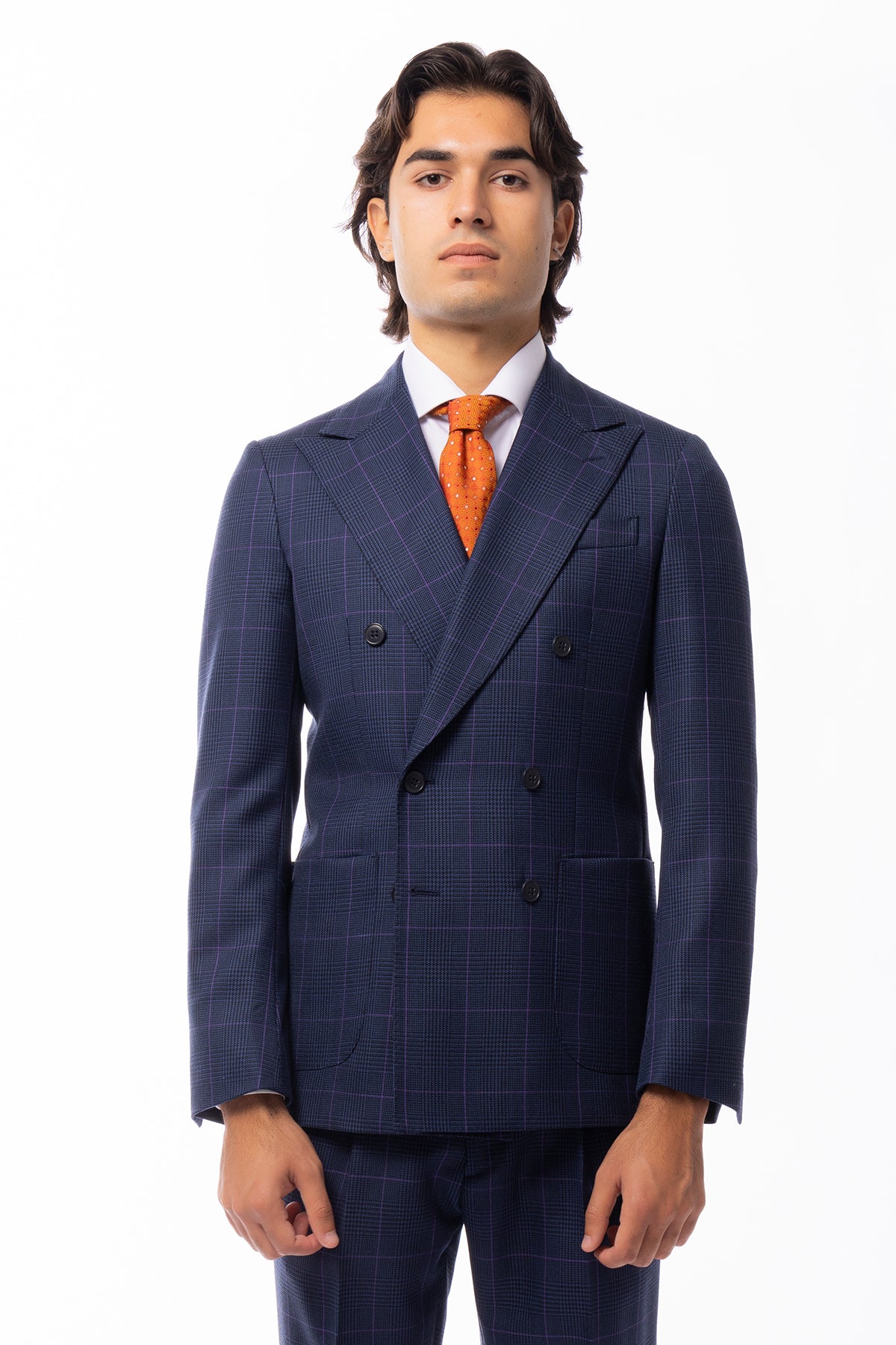 Abito uomo doppiopetto blu fantasia principe di galles in pura lana Holland & Sherry Rever a lancia e tasche a toppe